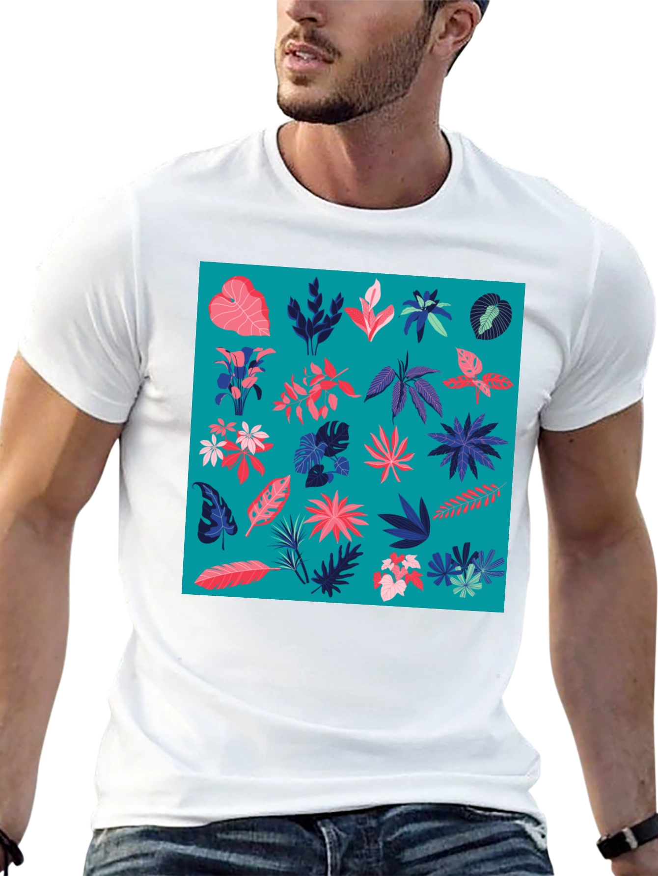 Tropical Plant Pattern Men's Black T-Shirt - 13