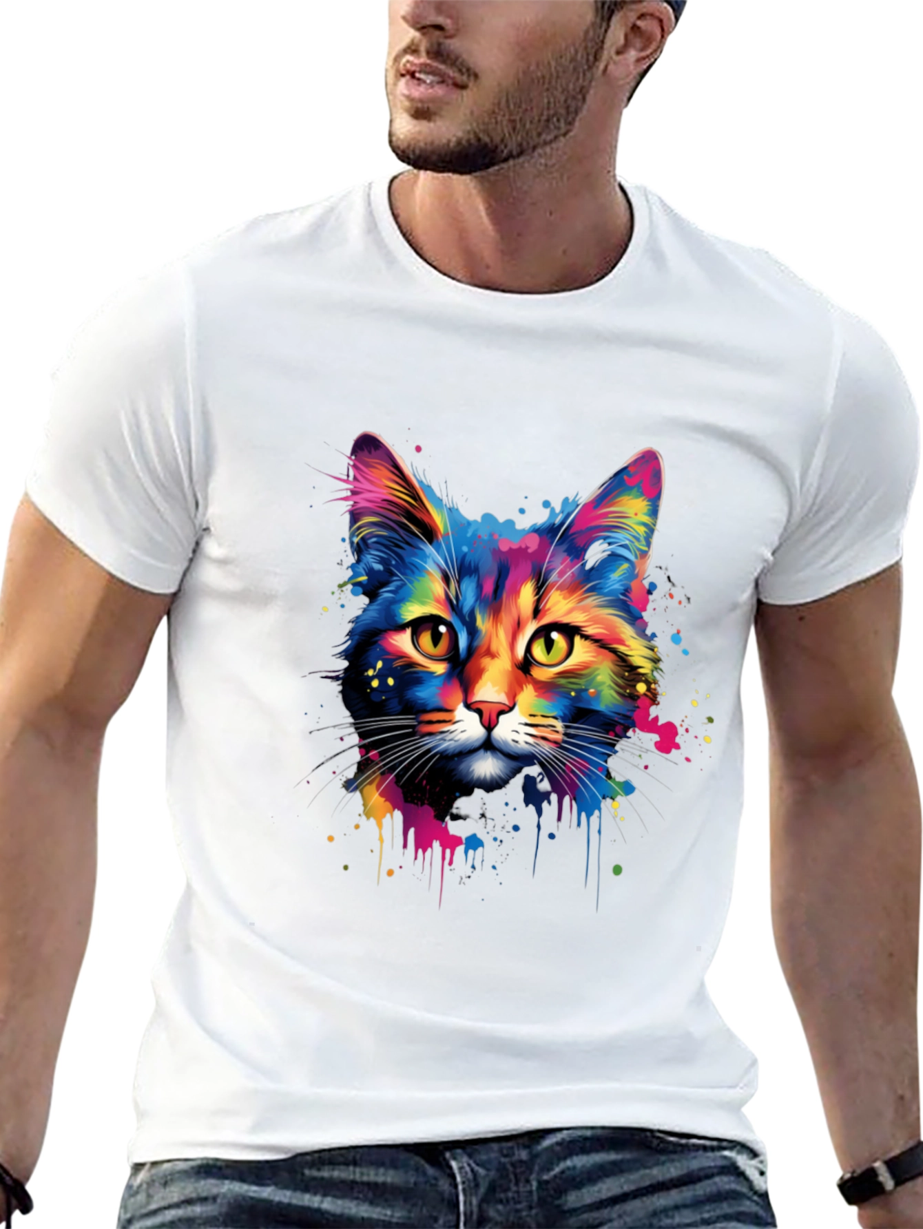Black Colorful Cat Graphic Print T-Shirt view 13