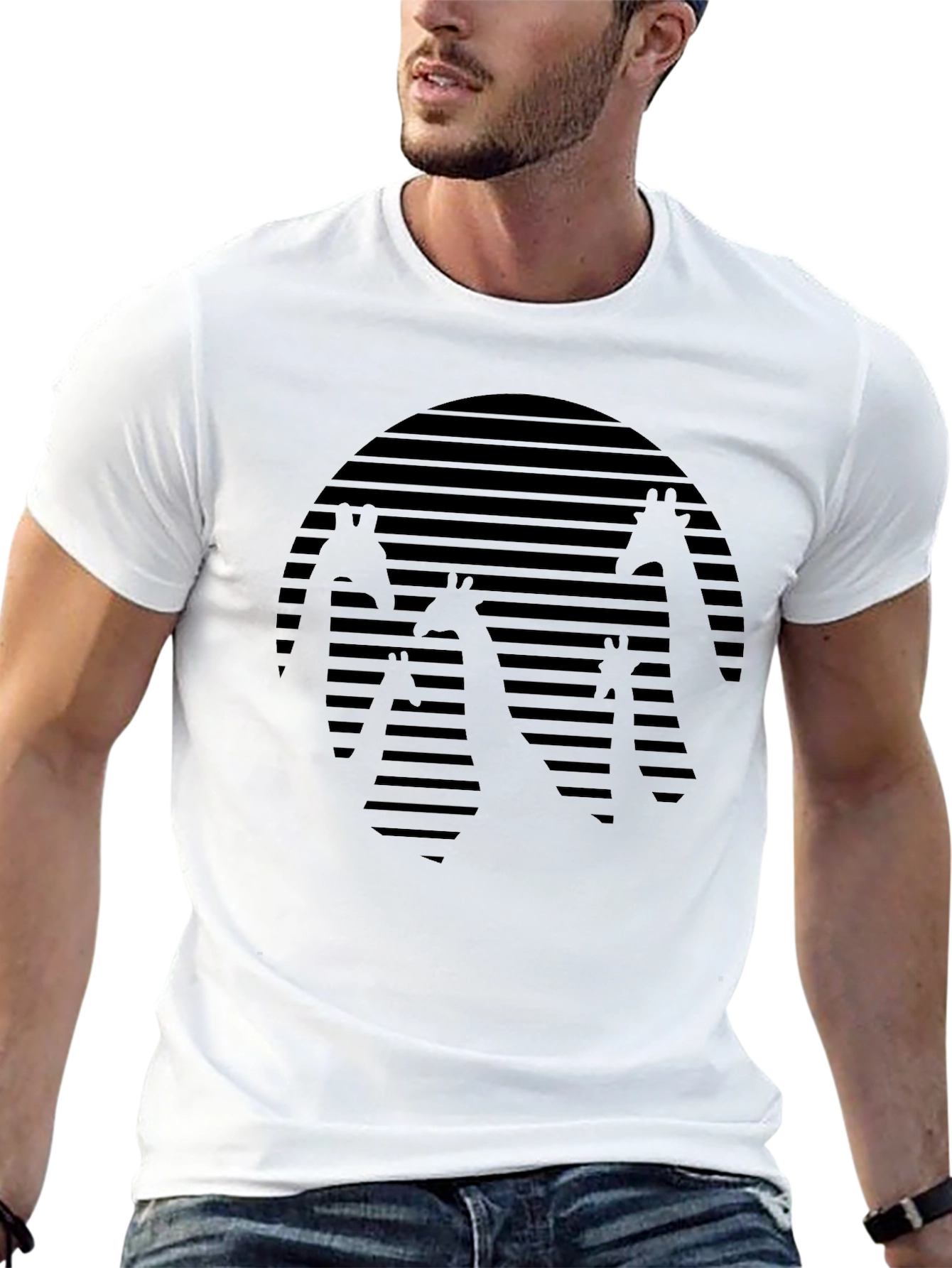 Black Giraffe Silhouette Tee - Striped Sunset Design view 13