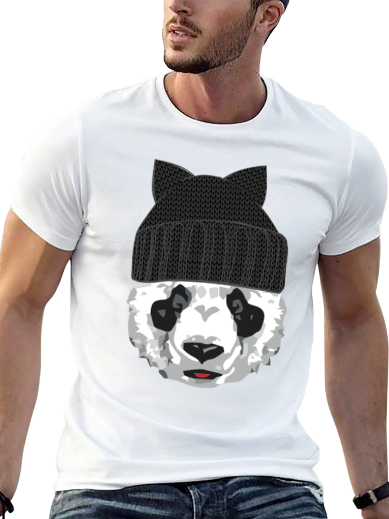 Black Cool Panda Bear with Cat Ear Beanie Graphic Tee view 13