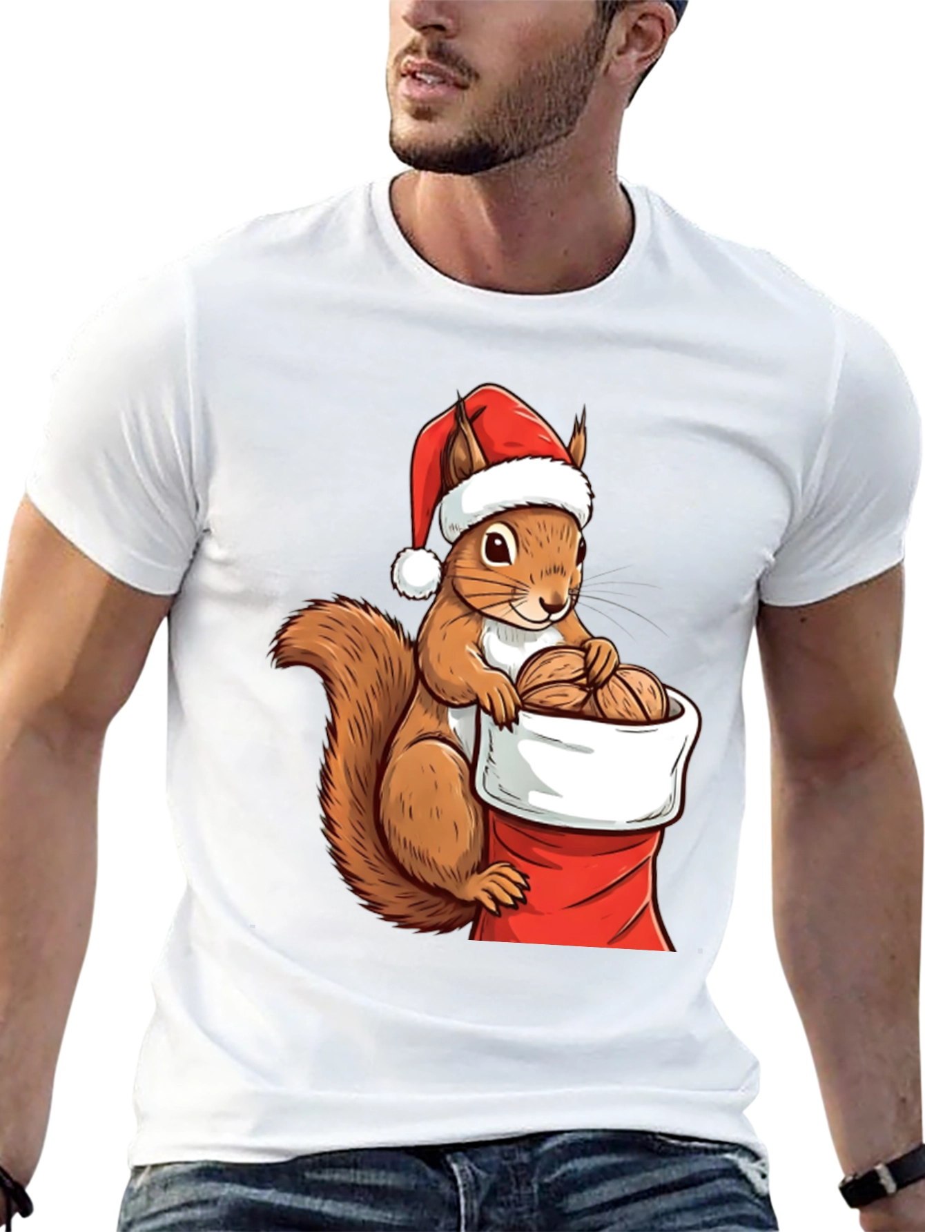 Black Festive Squirrel Santa Hat T-Shirt view 13