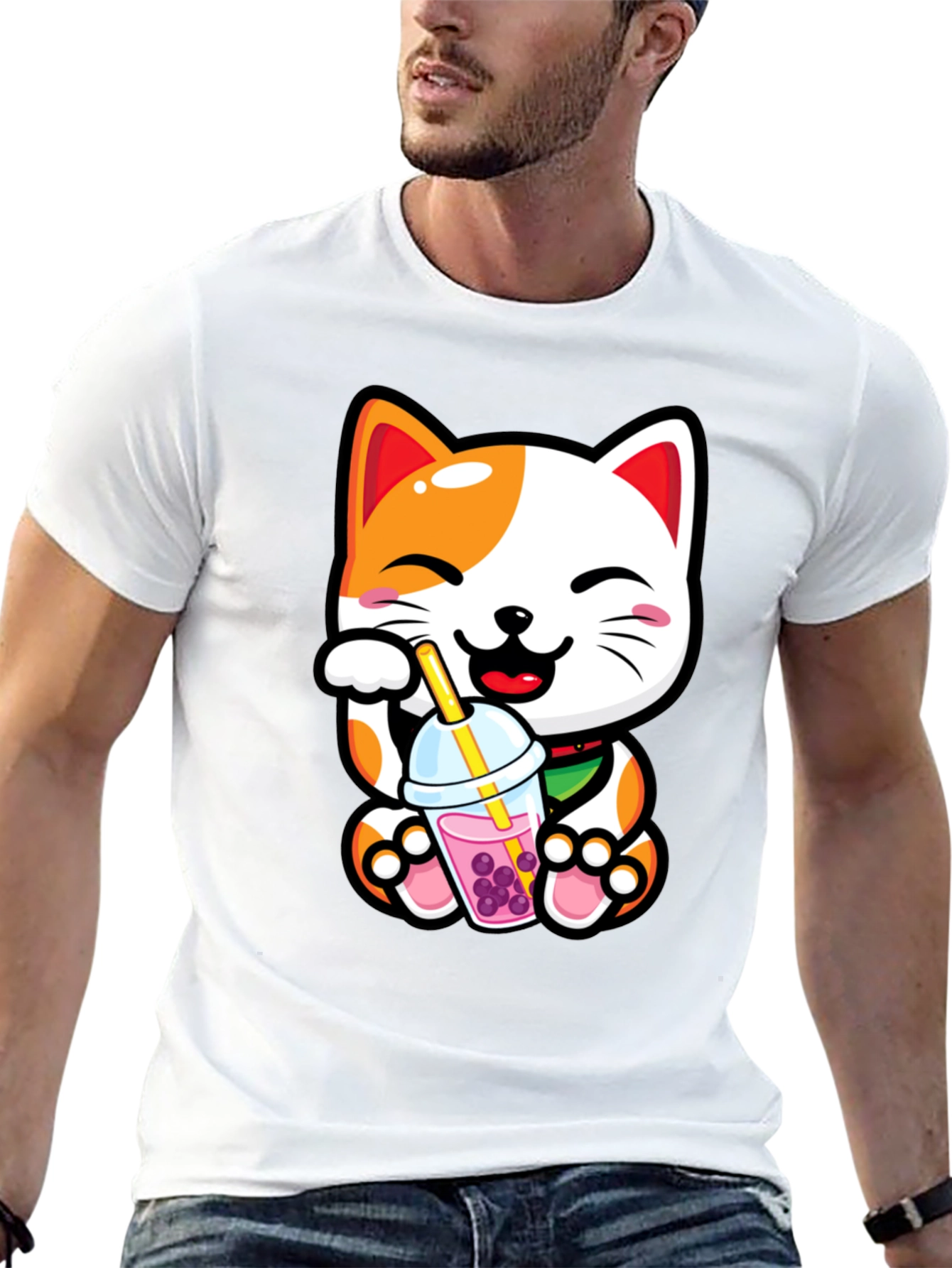 Black Kawaii Cat Boba Tea Graphic Tee view 13