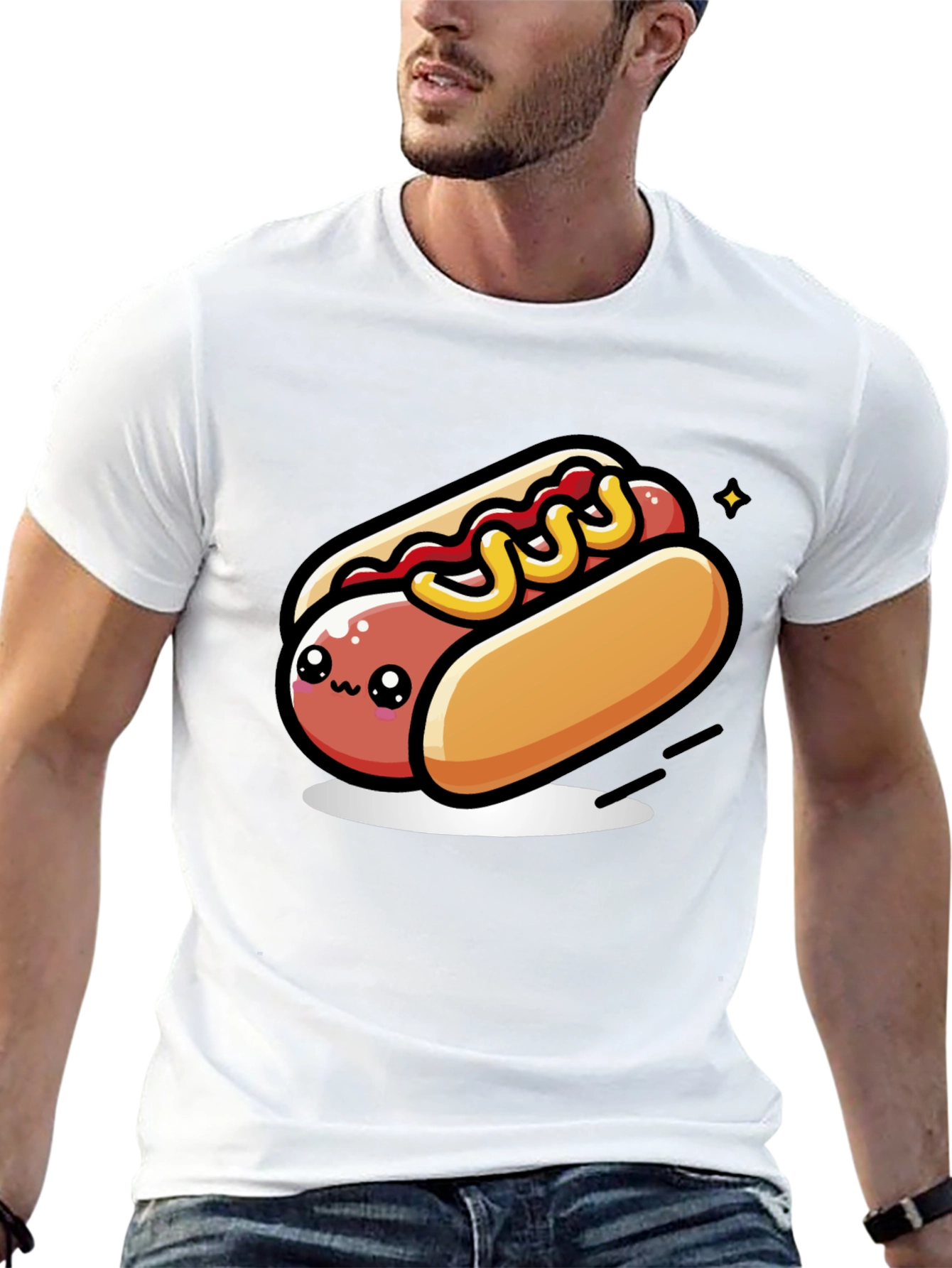 Black Cute Hotdog Cartoon T-Shirt - Black view 13
