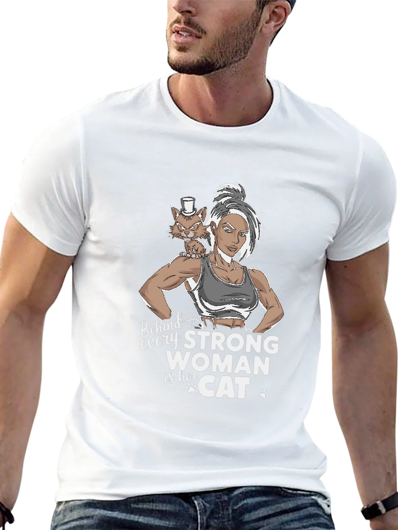 Black Strong Woman & Cat Graphic T-Shirt view 13