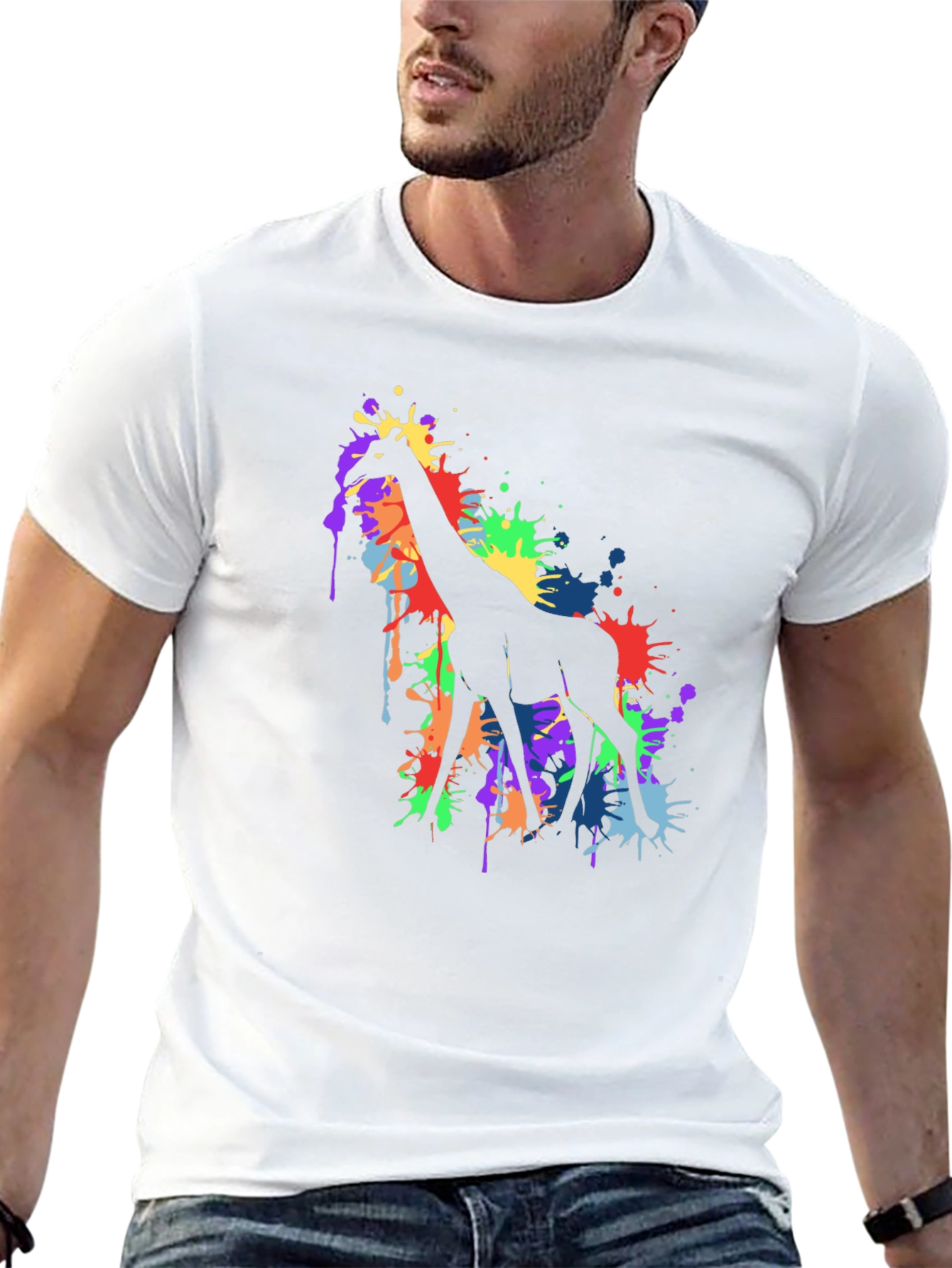 Black Colorful Giraffe Splatter Art Graphic Tee - Black view 13
