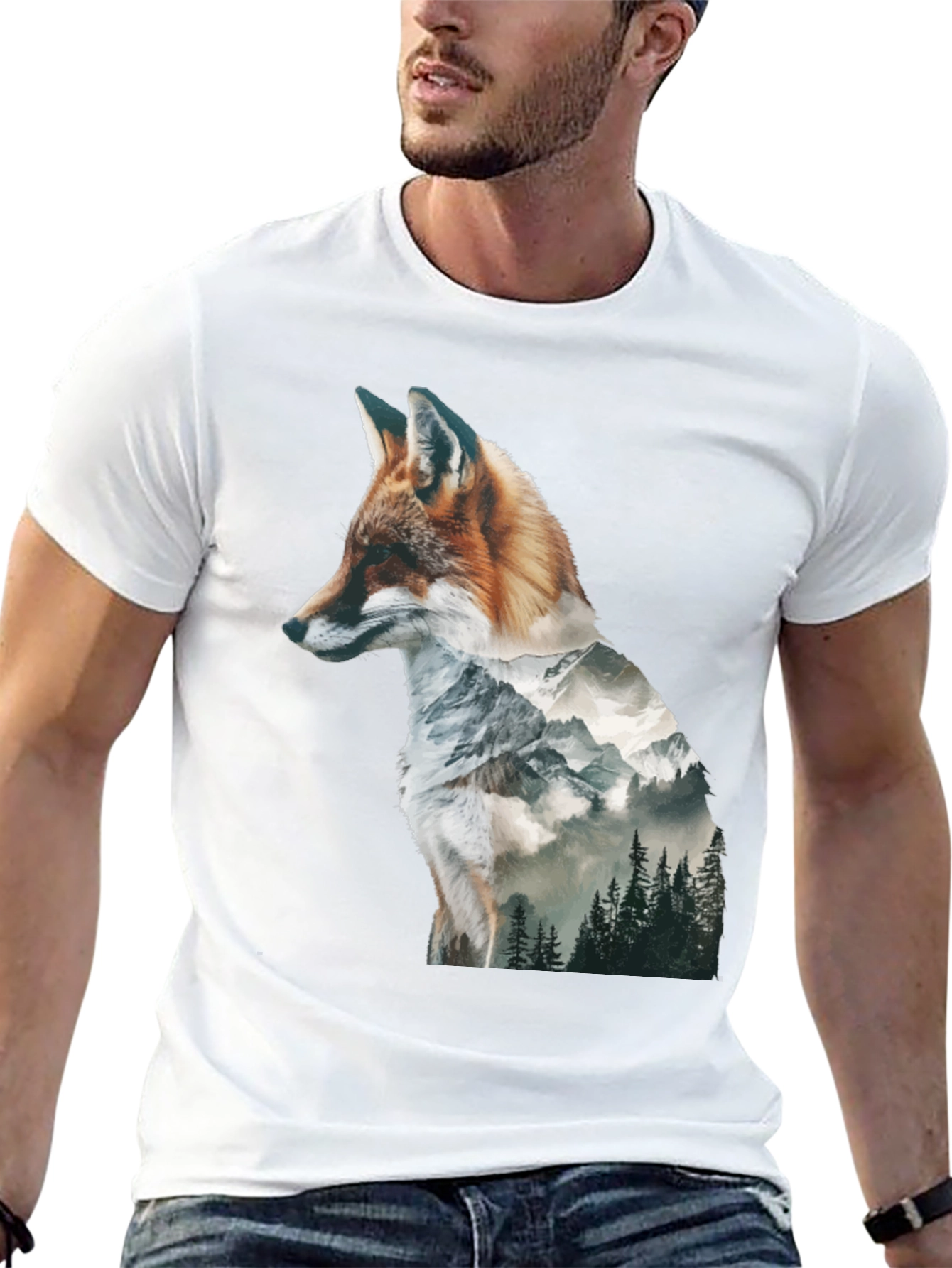 Black Fox & Mountain Graphic Print Black T-Shirt view 13