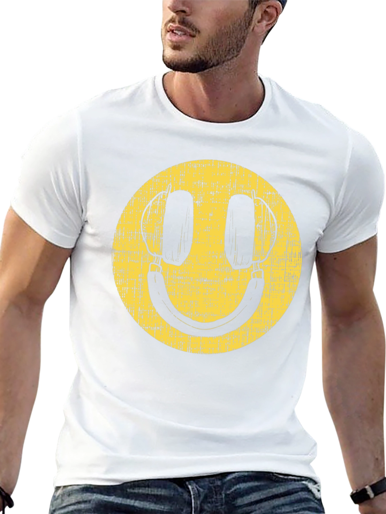 Black Retro Smiley Face Headphones Black T-Shirt view 13
