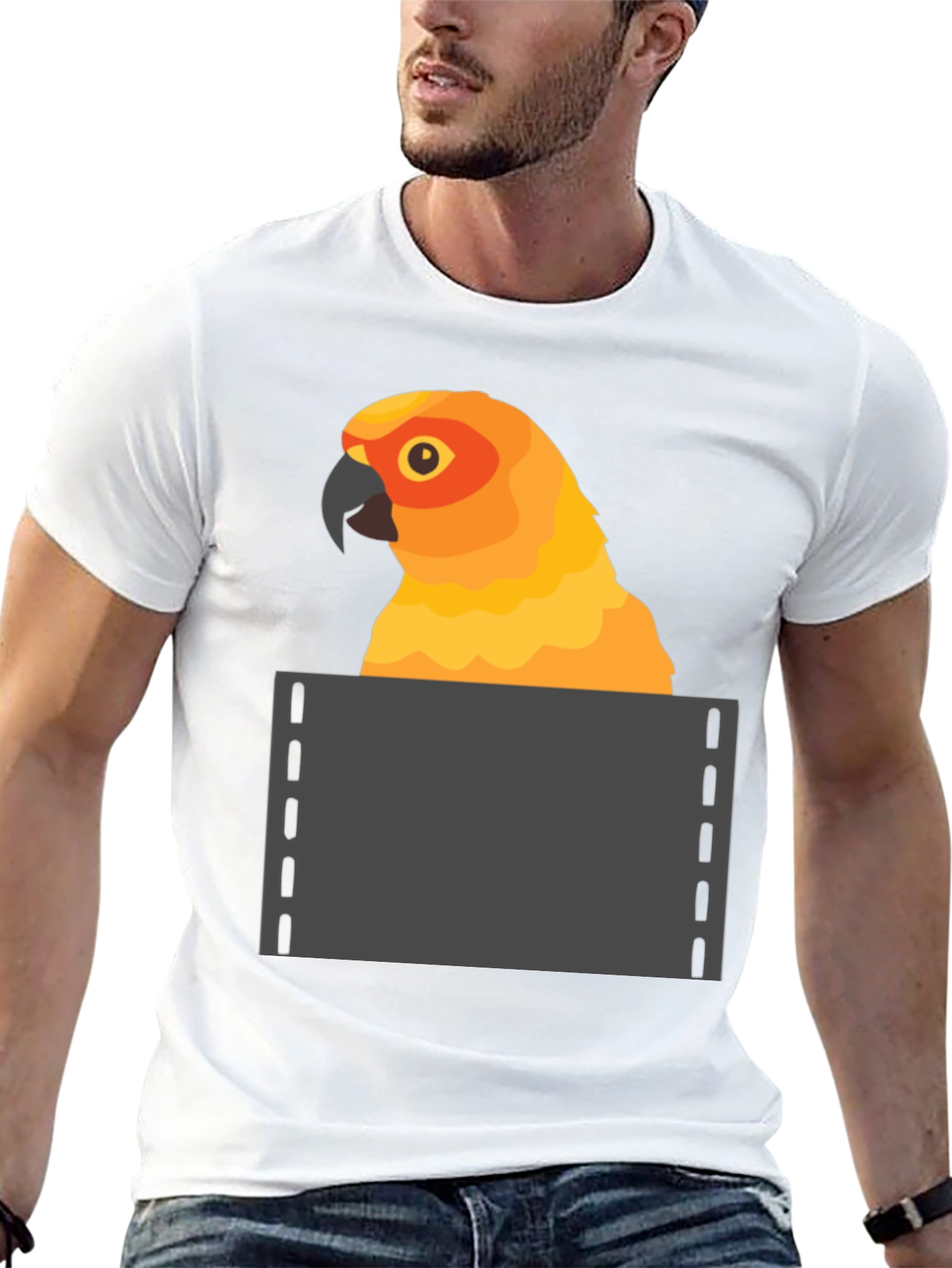 Black Parrot in Pocket Graphic Tee - Fun Animal T-Shirt view 13