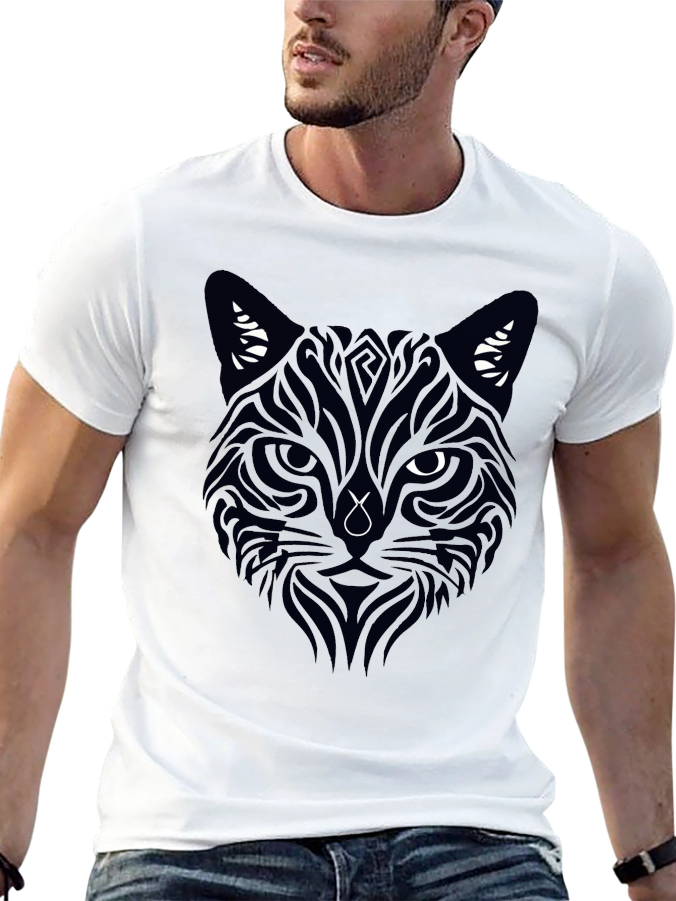 Black Tribal Cat Graphic Tee - Men's Black T-Shirt view 13