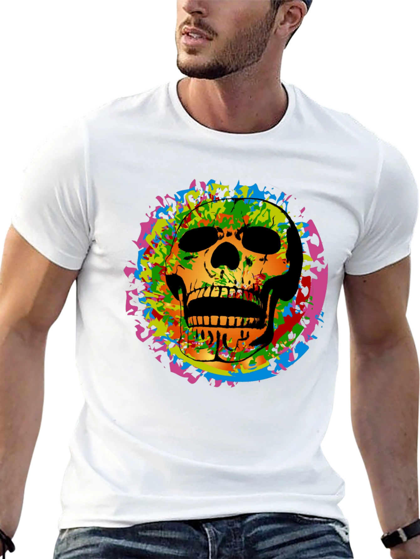 Black Colorful Skull Graphic Tee - Edgy Men's Black T-Shirt view 13