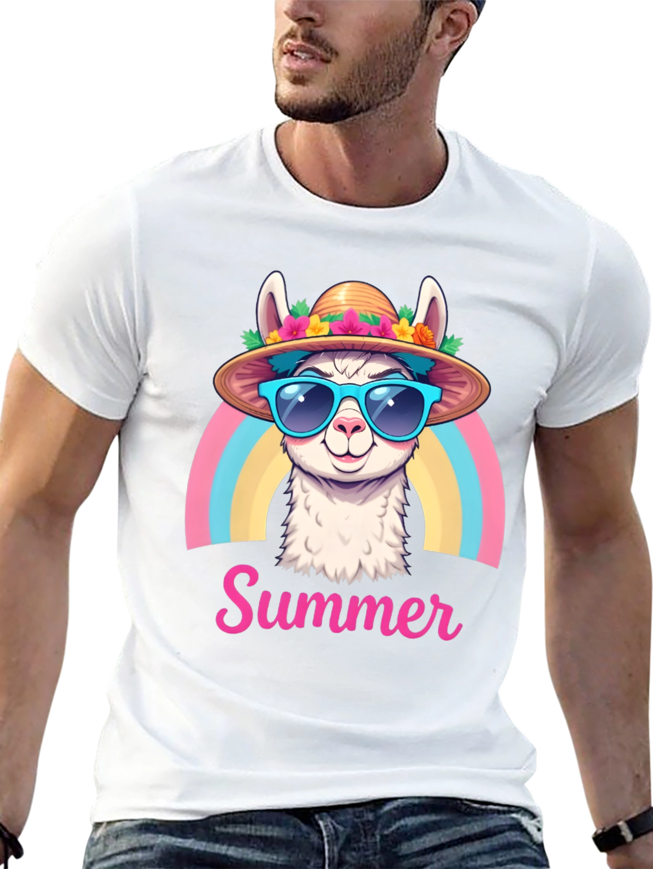Black Summer Llama T-Shirt Rainbow Hat Sunglasses view 13