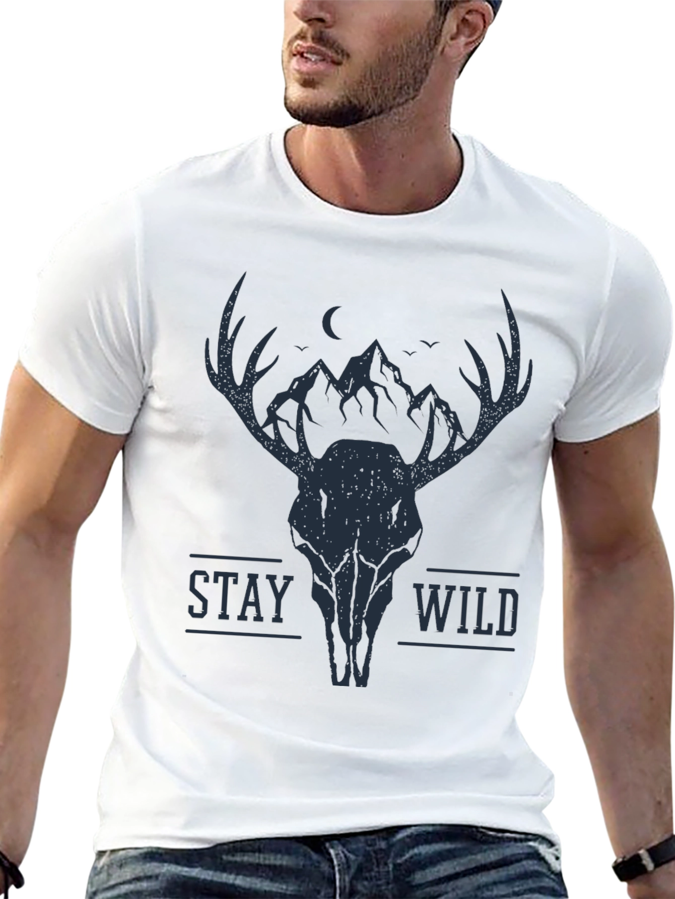 Black Stay Wild Deer Skull Graphic Tee - Black view 13