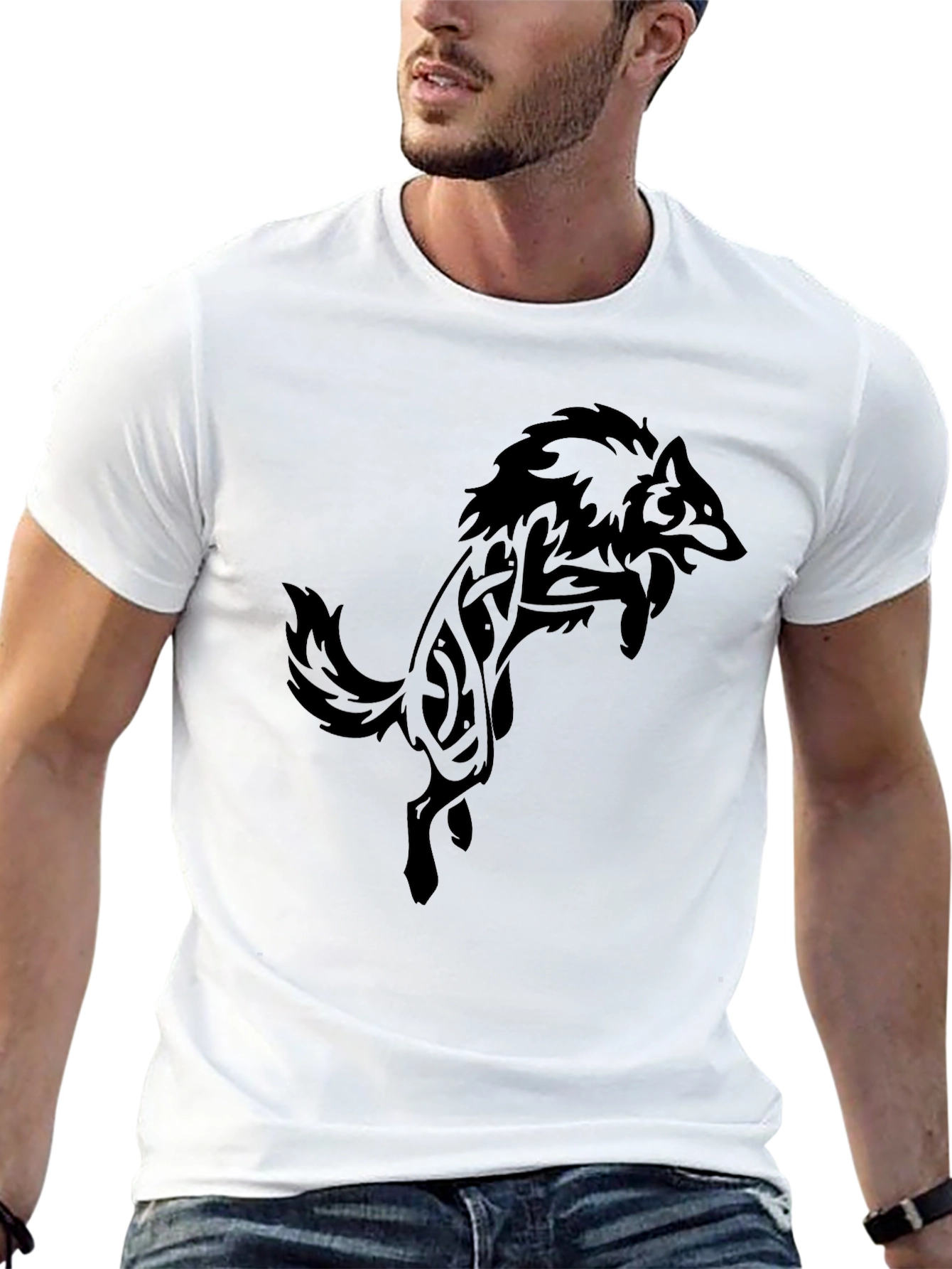 Black Men's Black T-Shirt with Tribal Wolf Design view 13
