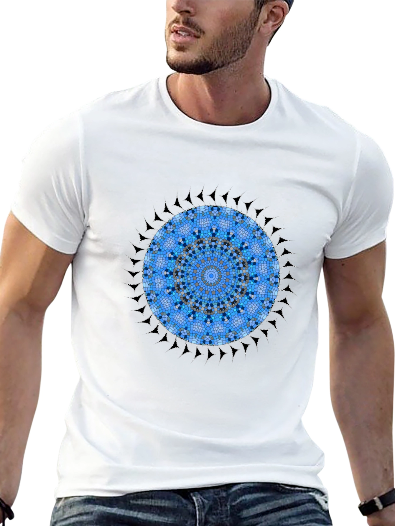 Black Blue Mosaic Mandala Graphic Black T-Shirt view 13