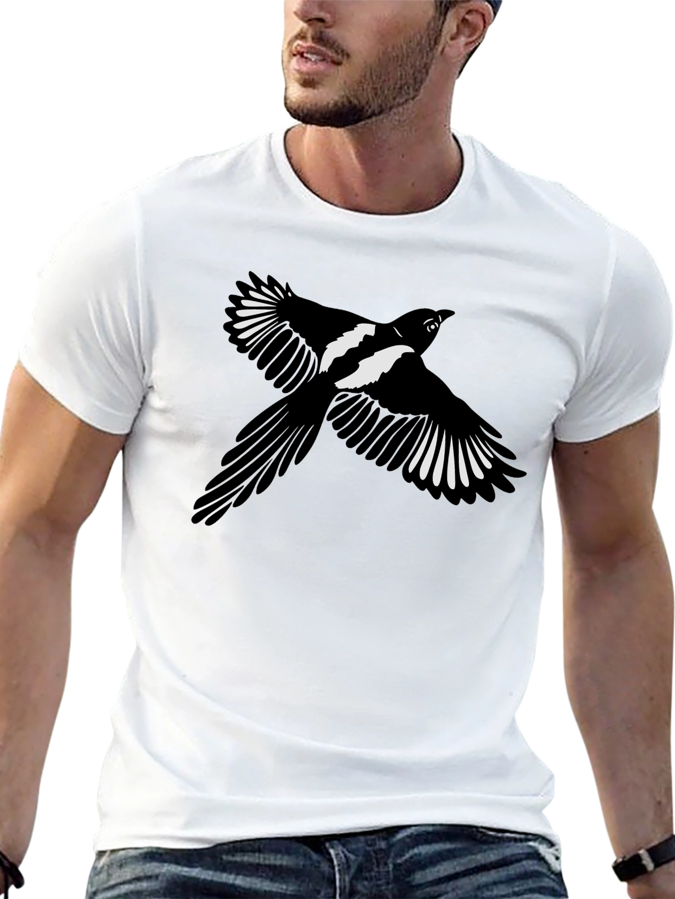 Black Black T-Shirt with Magpie Bird Graphic view 13