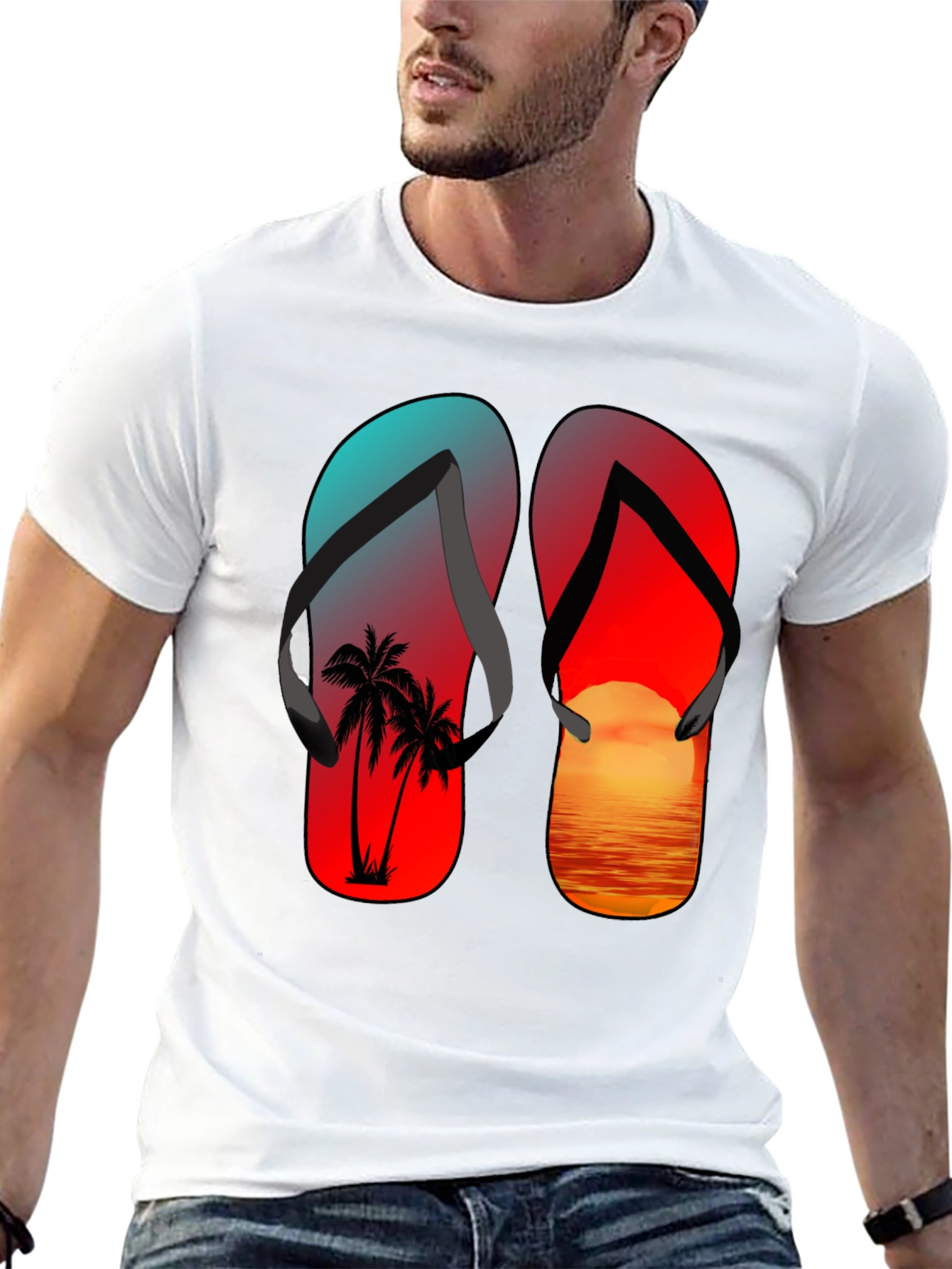 Black Tropical Flip Flop Sunset T-Shirt view 13