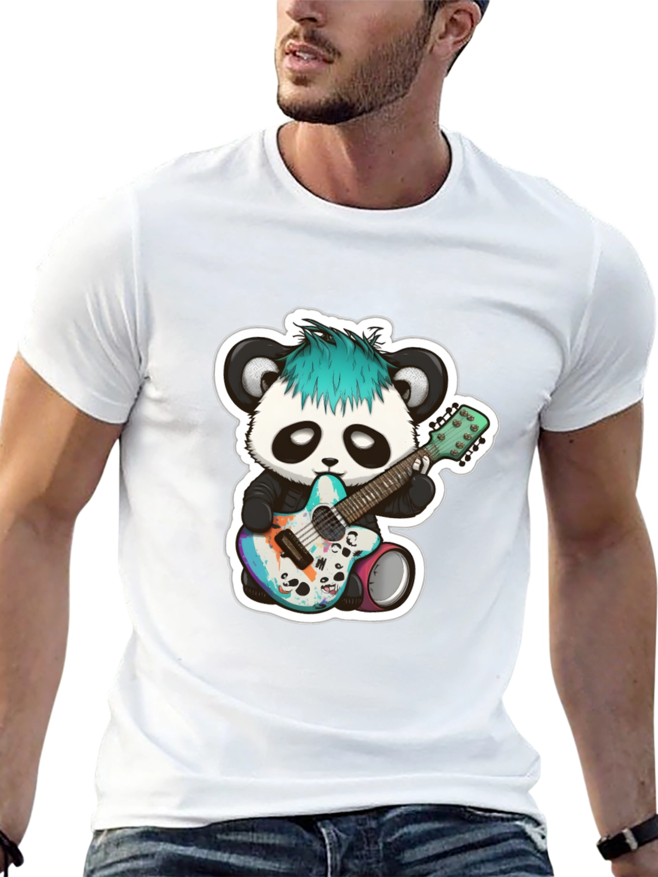 Black Cool Panda Guitarist Black T-Shirt view 13