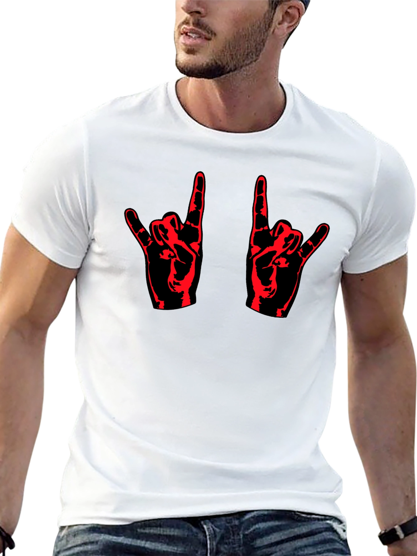 Black Rock On! Black T-Shirt with Red Hand Design view 13