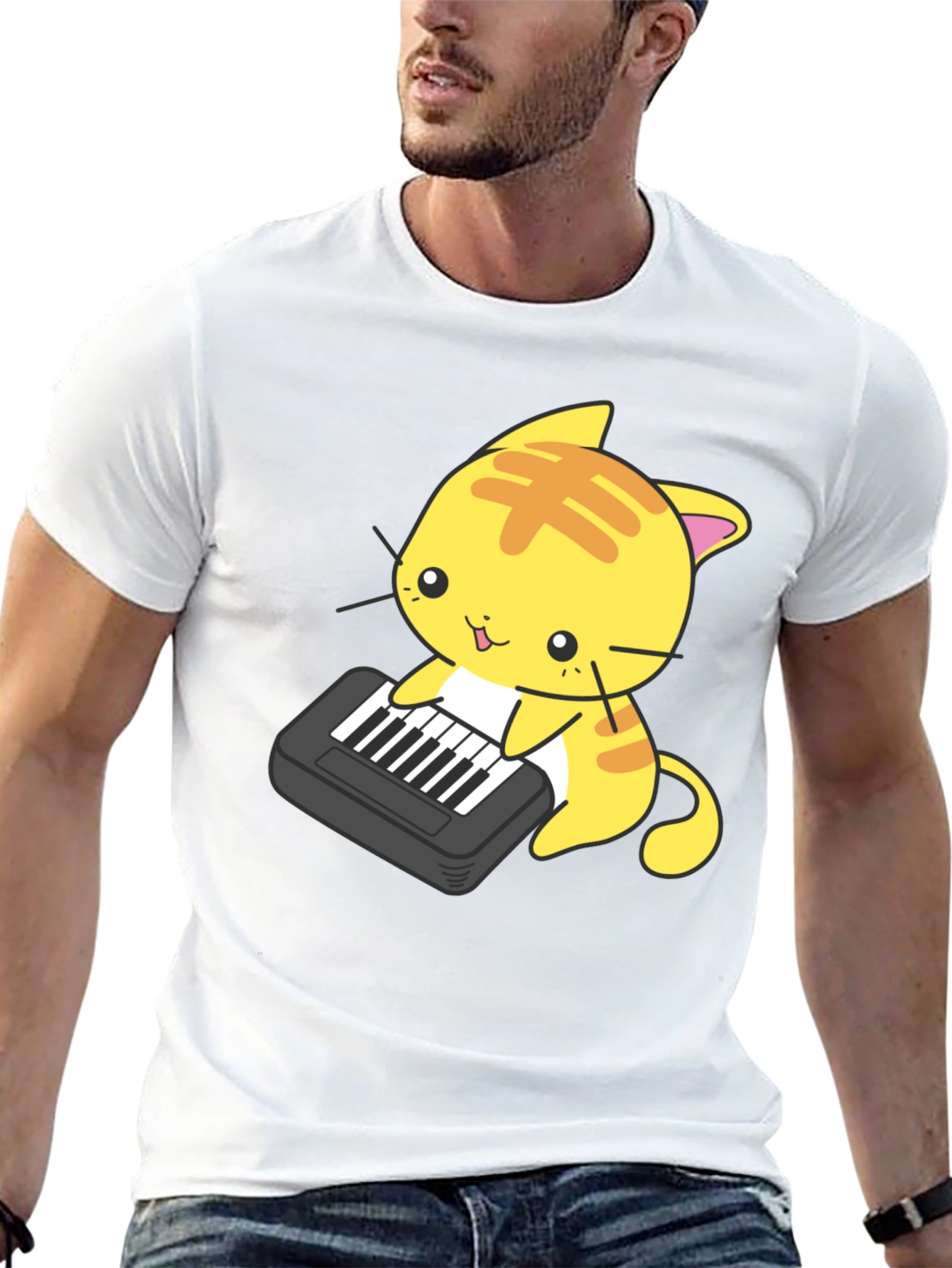 Black Cute Cat Keyboard T-Shirt view 13