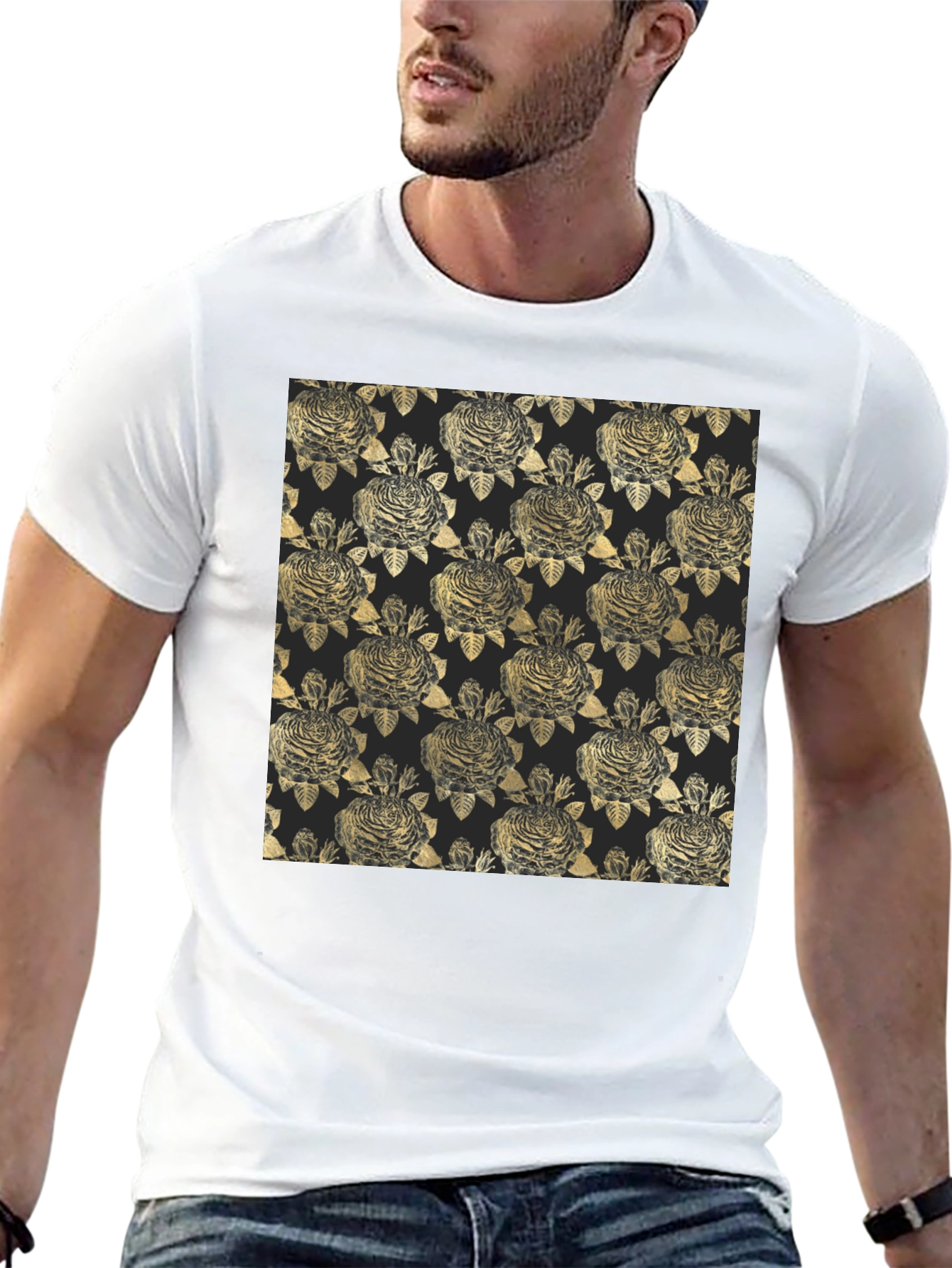 Black Golden Floral Pattern Black T-Shirt view 13