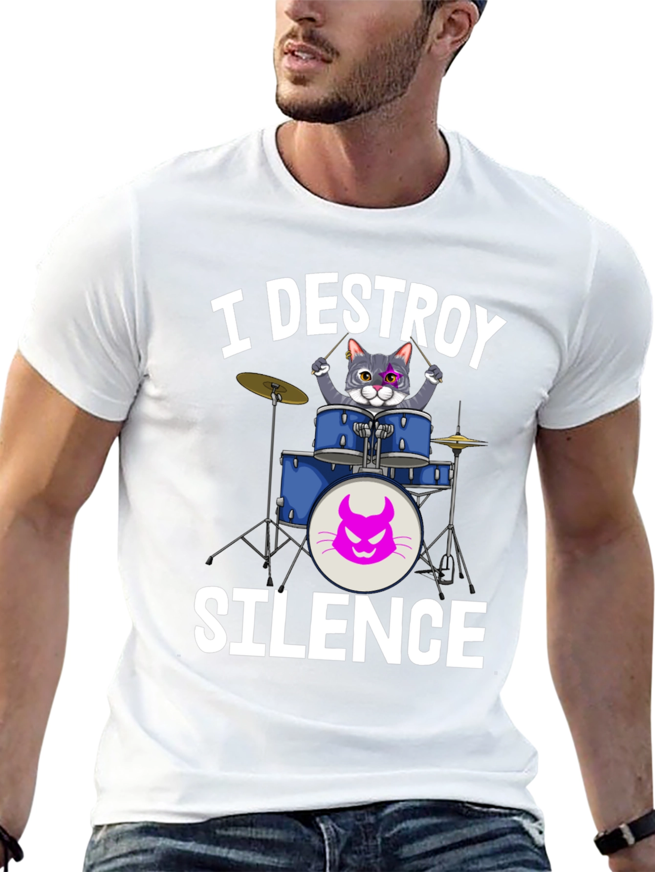 Black I Destroy Silence Cat Drummer T-Shirt view 13