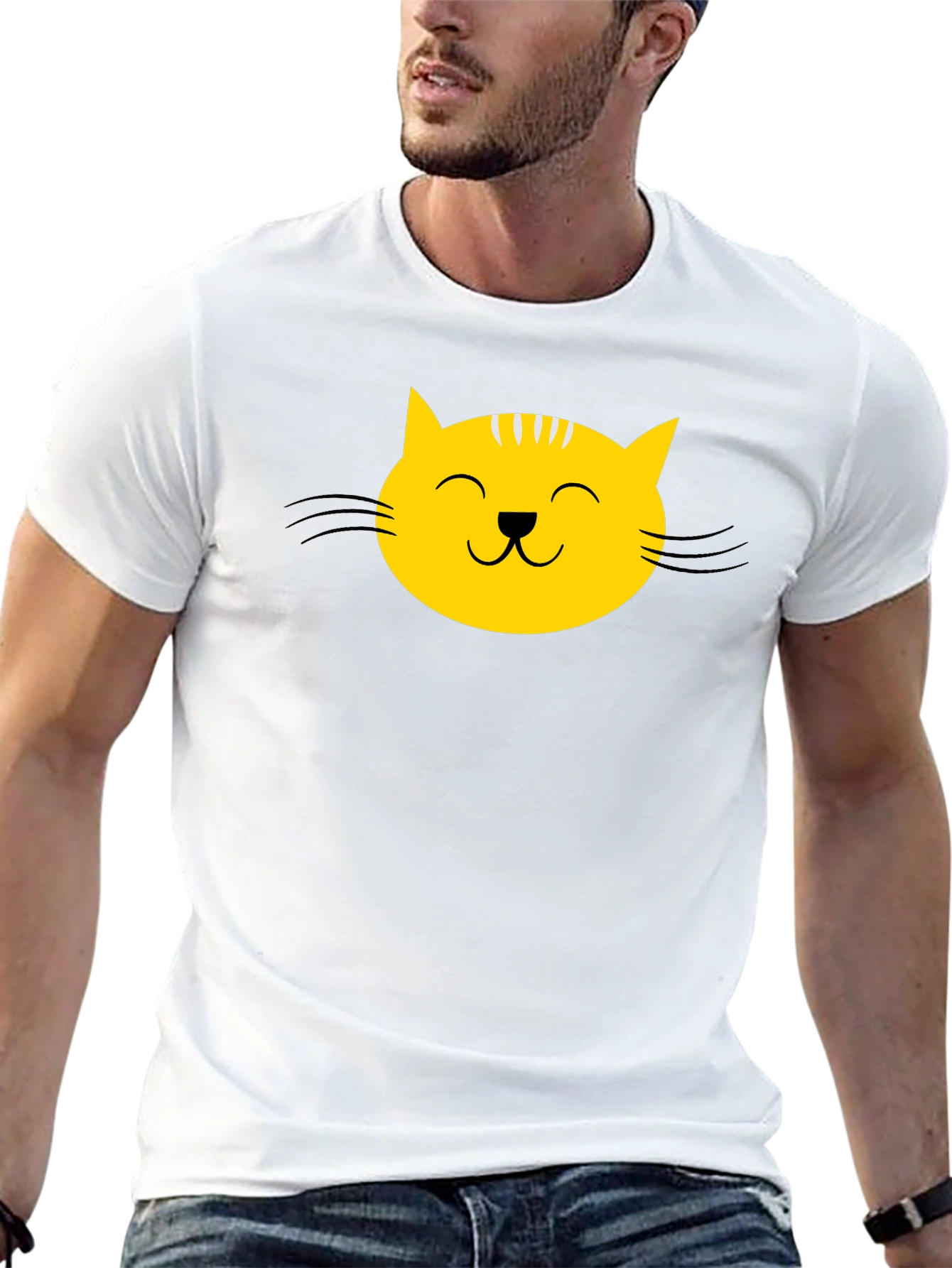 Black Black T-Shirt with Yellow Cat Face Graphic view 13