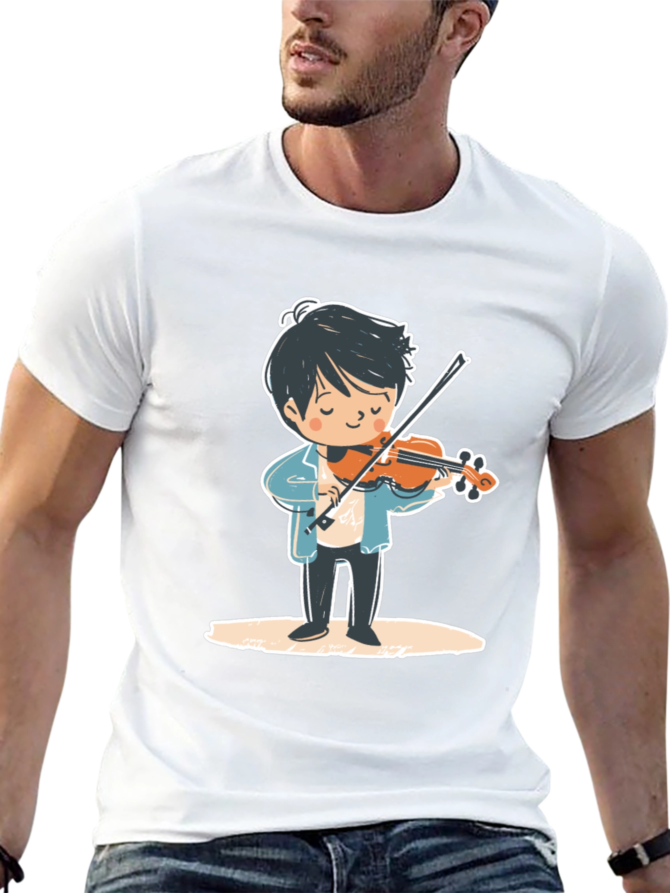 Black Violinist Cartoon Graphic Tee - Unisex Black T-Shirt view 13