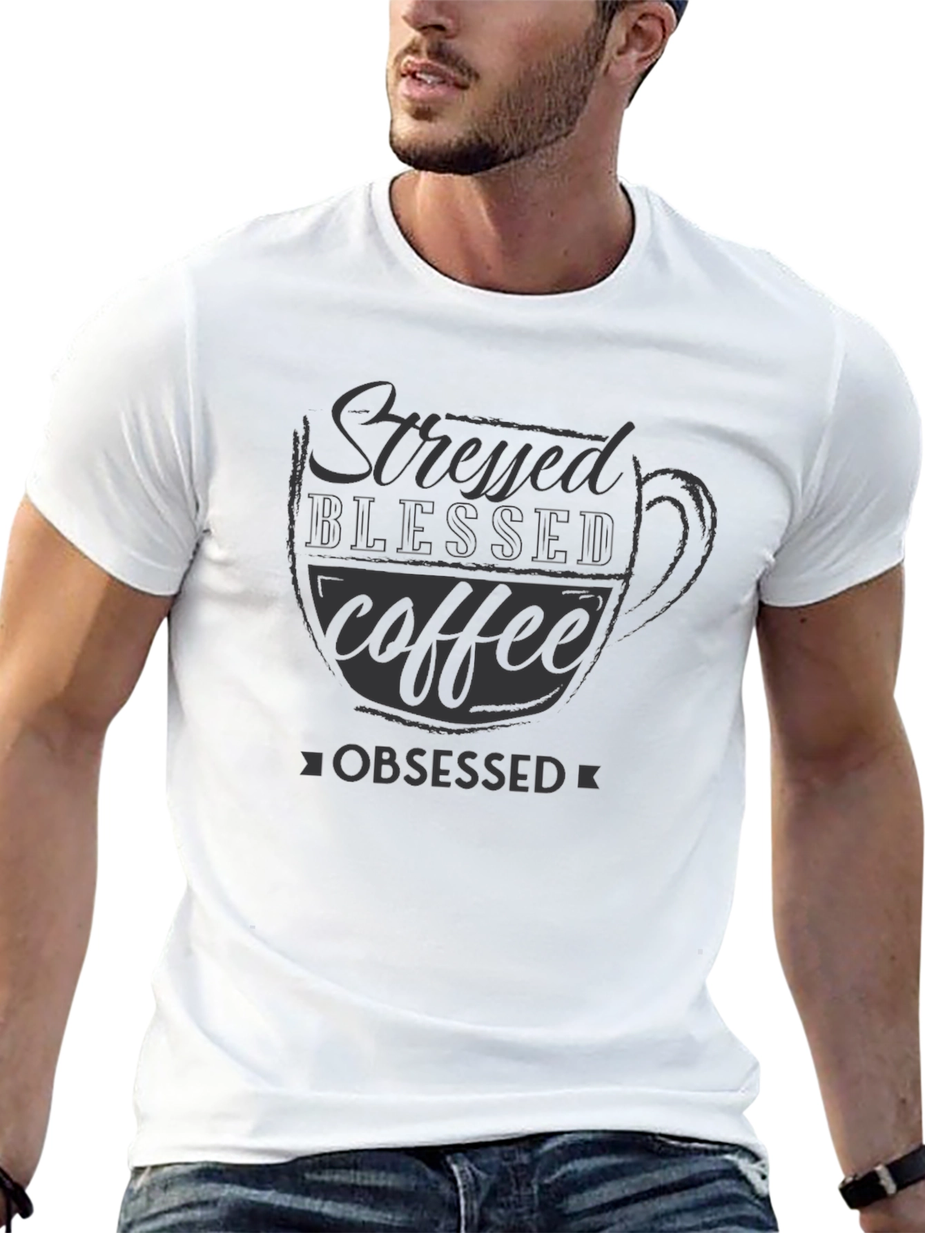 Black Stressed Blessed Coffee Obsessed Black T-Shirt view 13