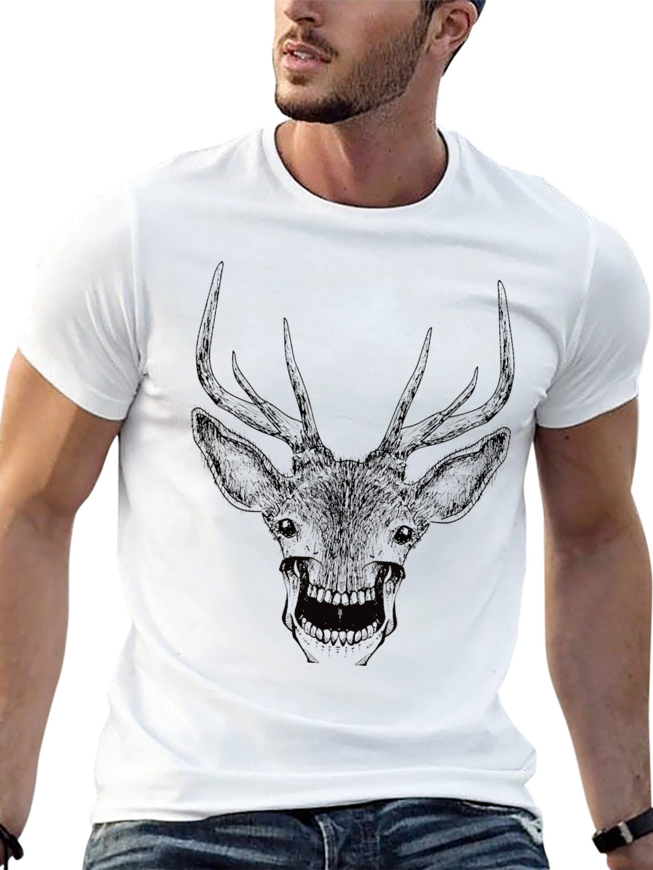 Black Men's Black Deer Skull Graphic Tee view 13