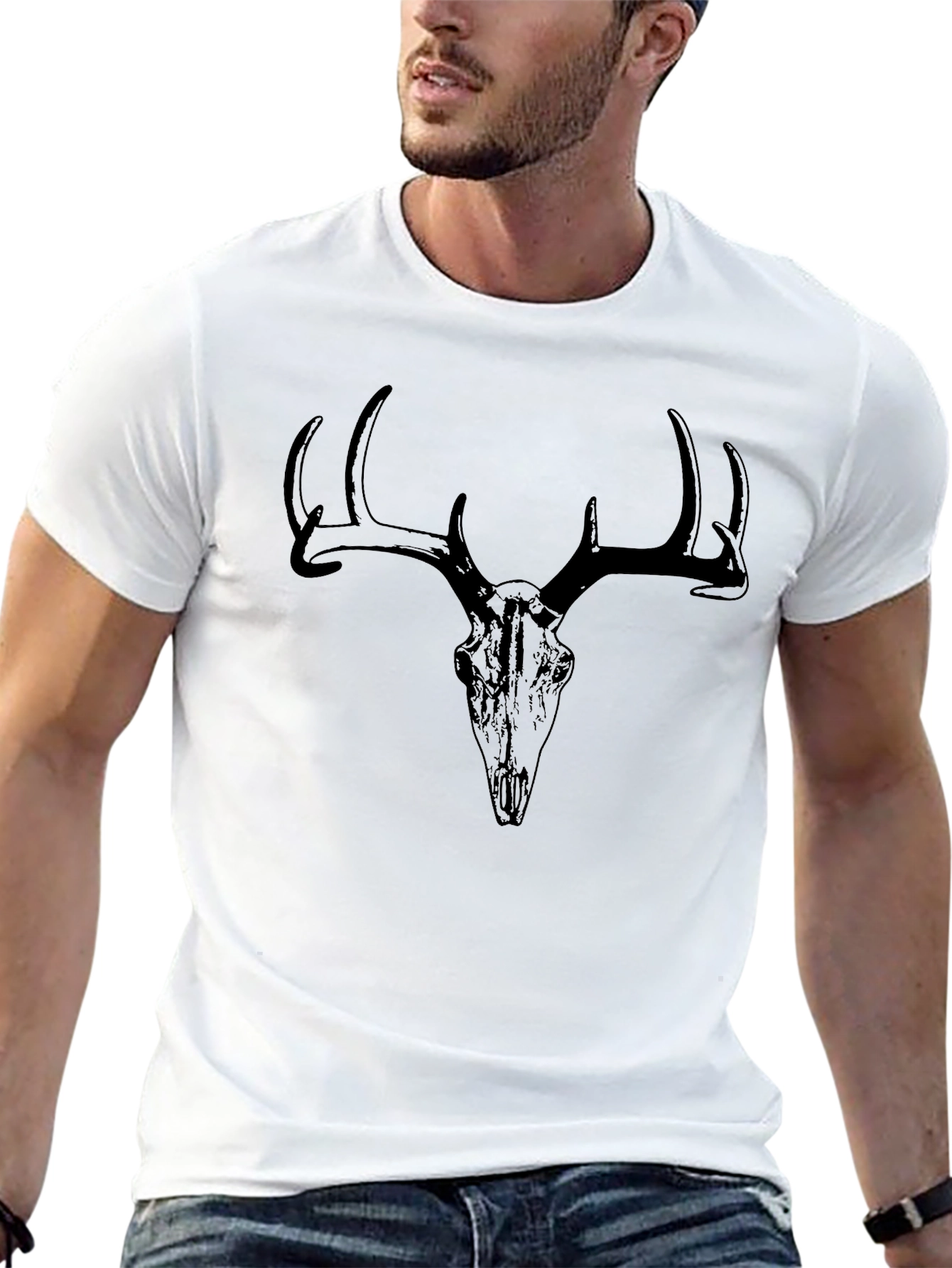 Black Men's Black T-Shirt with Deer Skull Graphic view 13