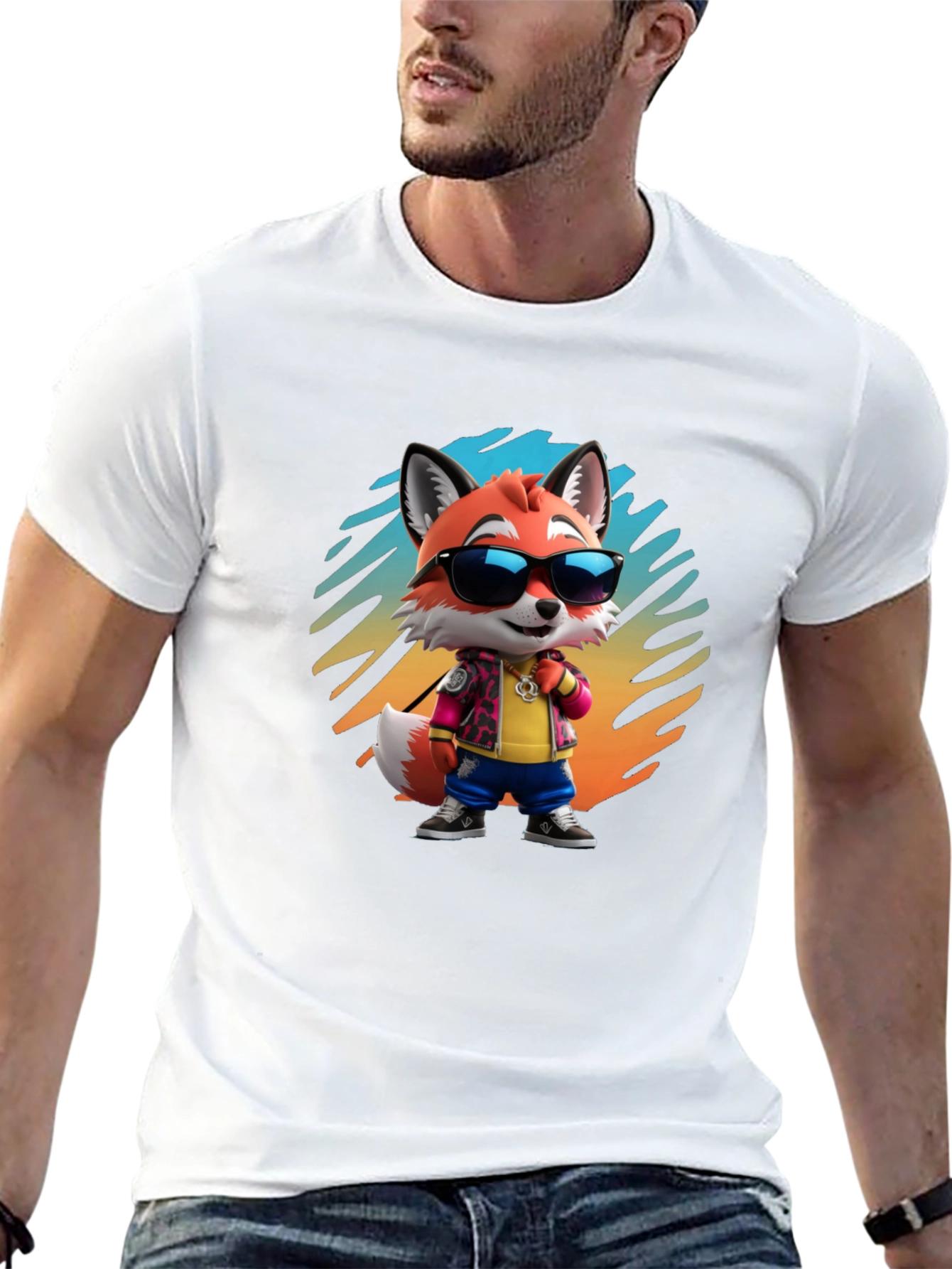 Black Cool Cartoon Fox T-Shirt - Black Cotton Tee view 13