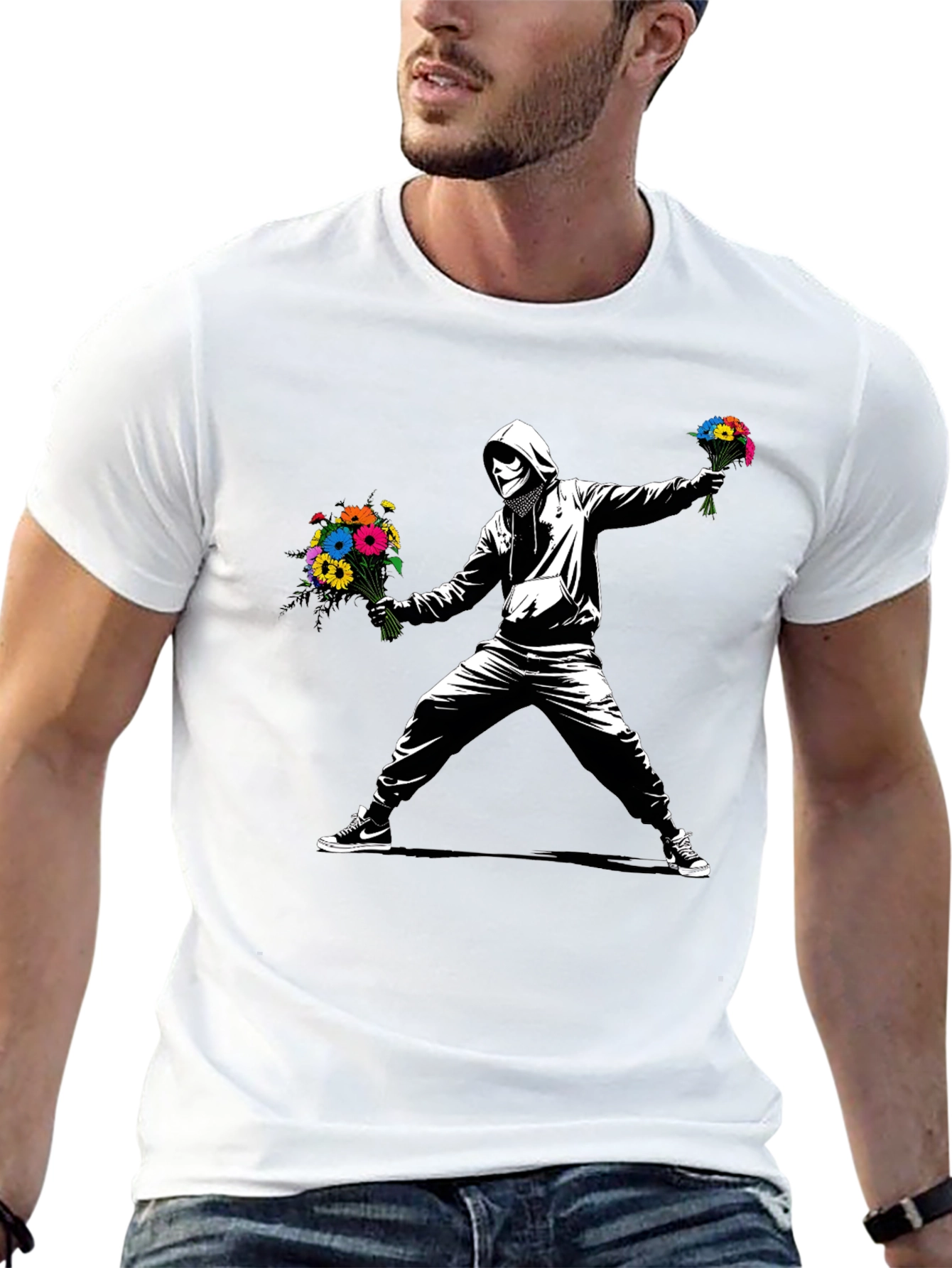 Black Banksy Flower Bomber T-Shirt - Street Art Graphic Tee view 13