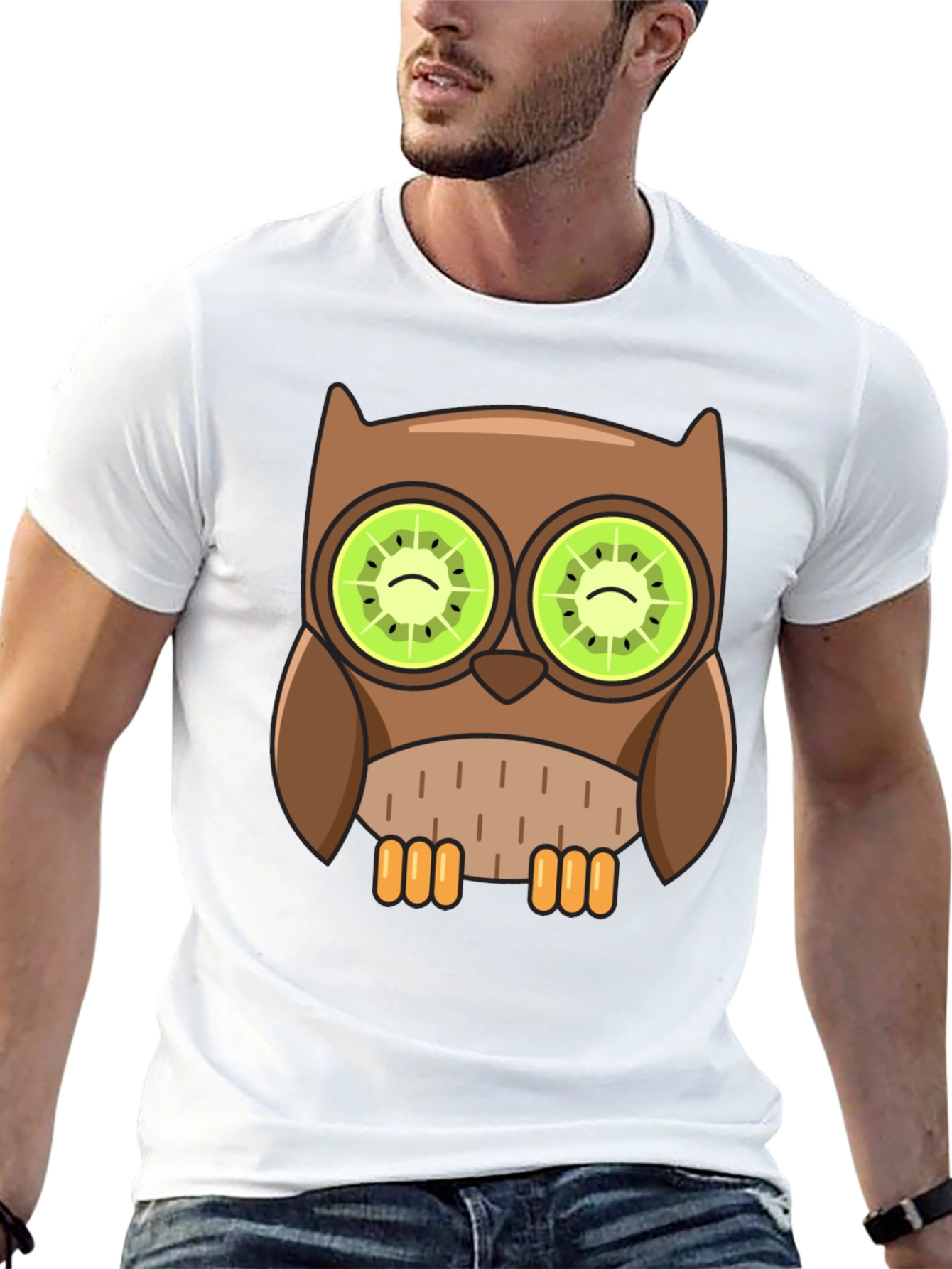Black Whimsical Owl T-Shirt with Kiwi Eyes Design view 13