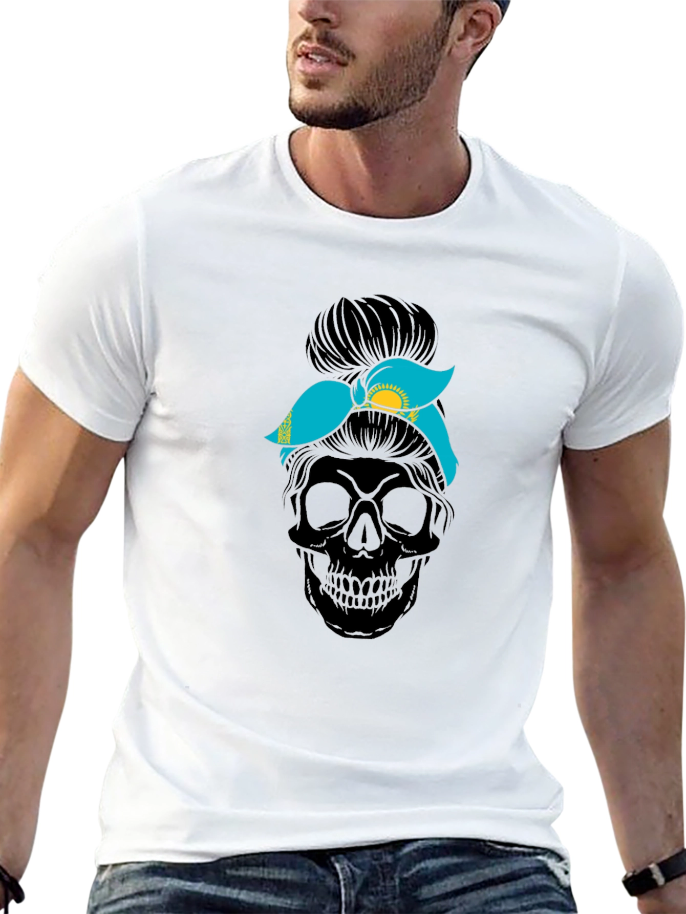 Skull Messy Bun Kazakhstan Flag T-Shirt - 13