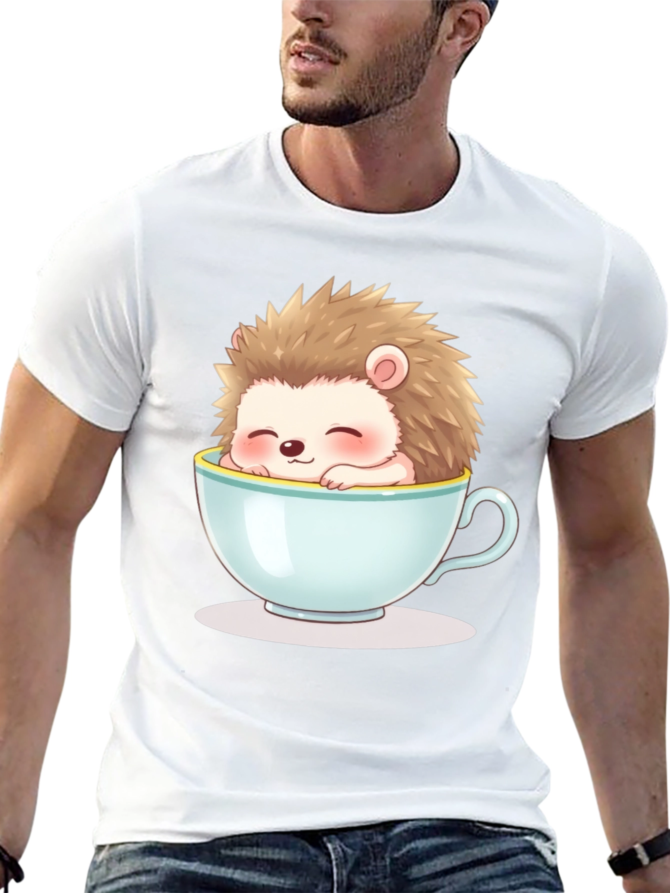 Black Cute Hedgehog in Teacup Graphic Tee - Unisex view 13