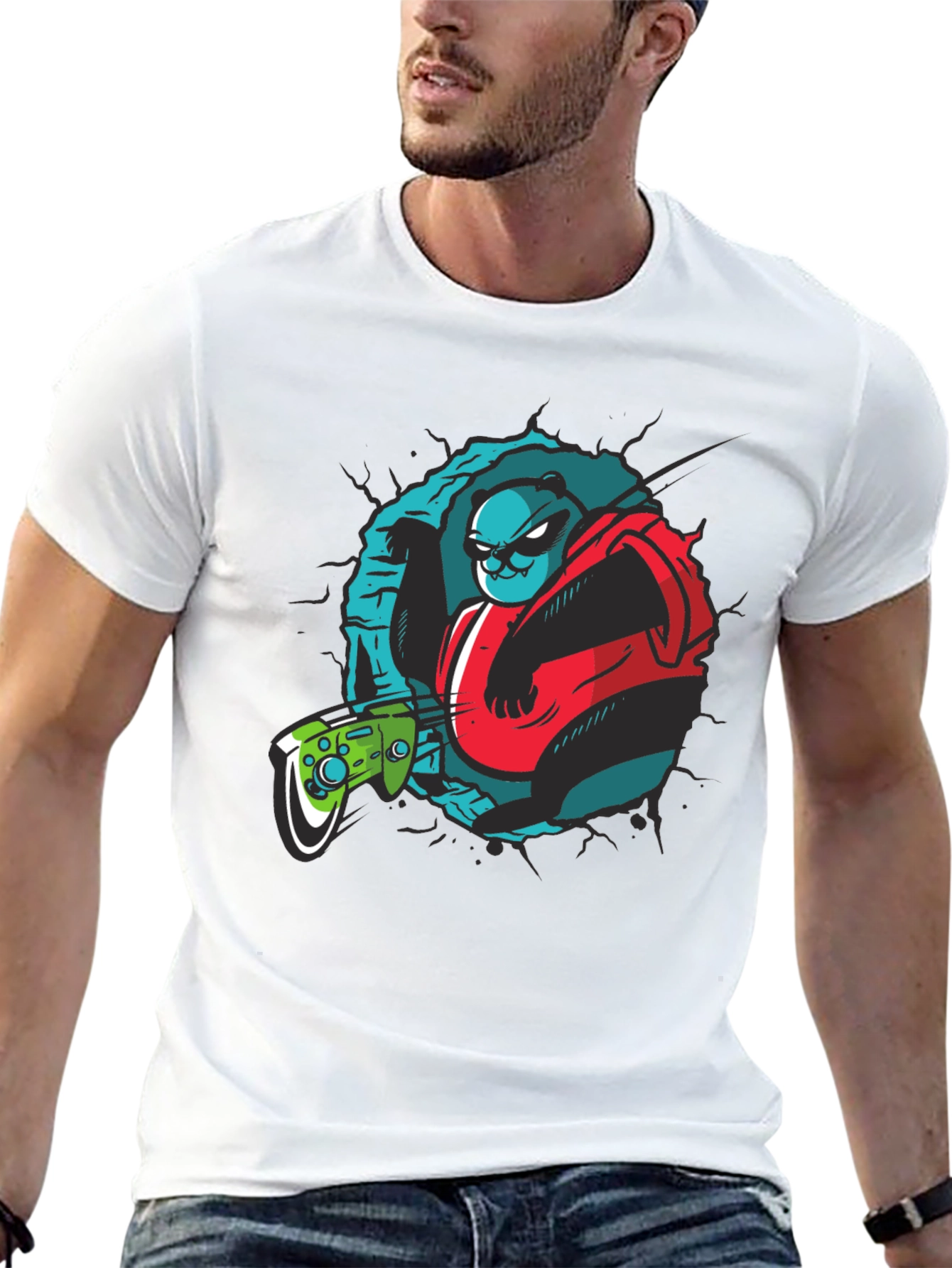 Black Gamer Panda Graphic Tee - Black Cotton T-Shirt view 13