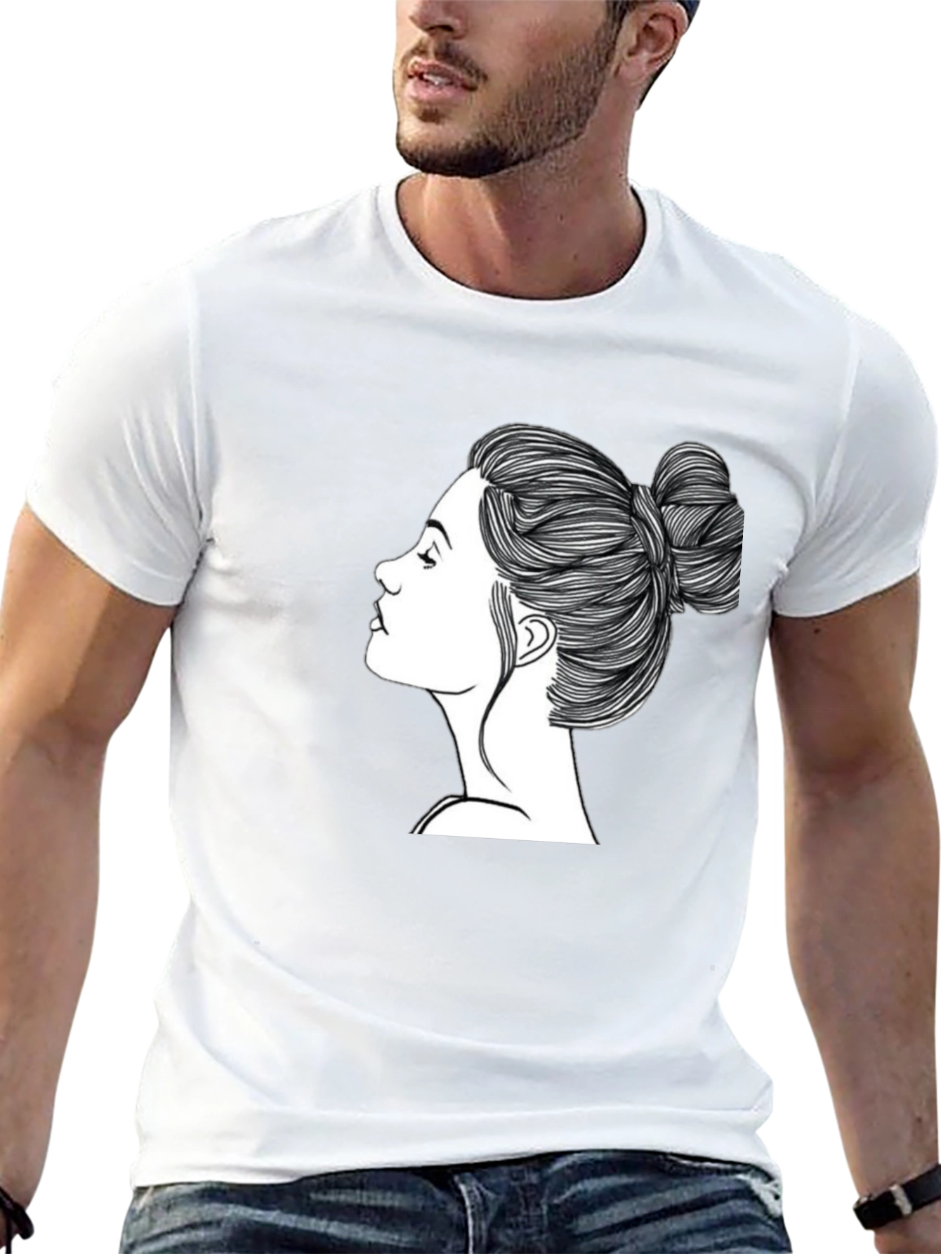 Black Black T-Shirt with Woman's Hair Bun Design view 13