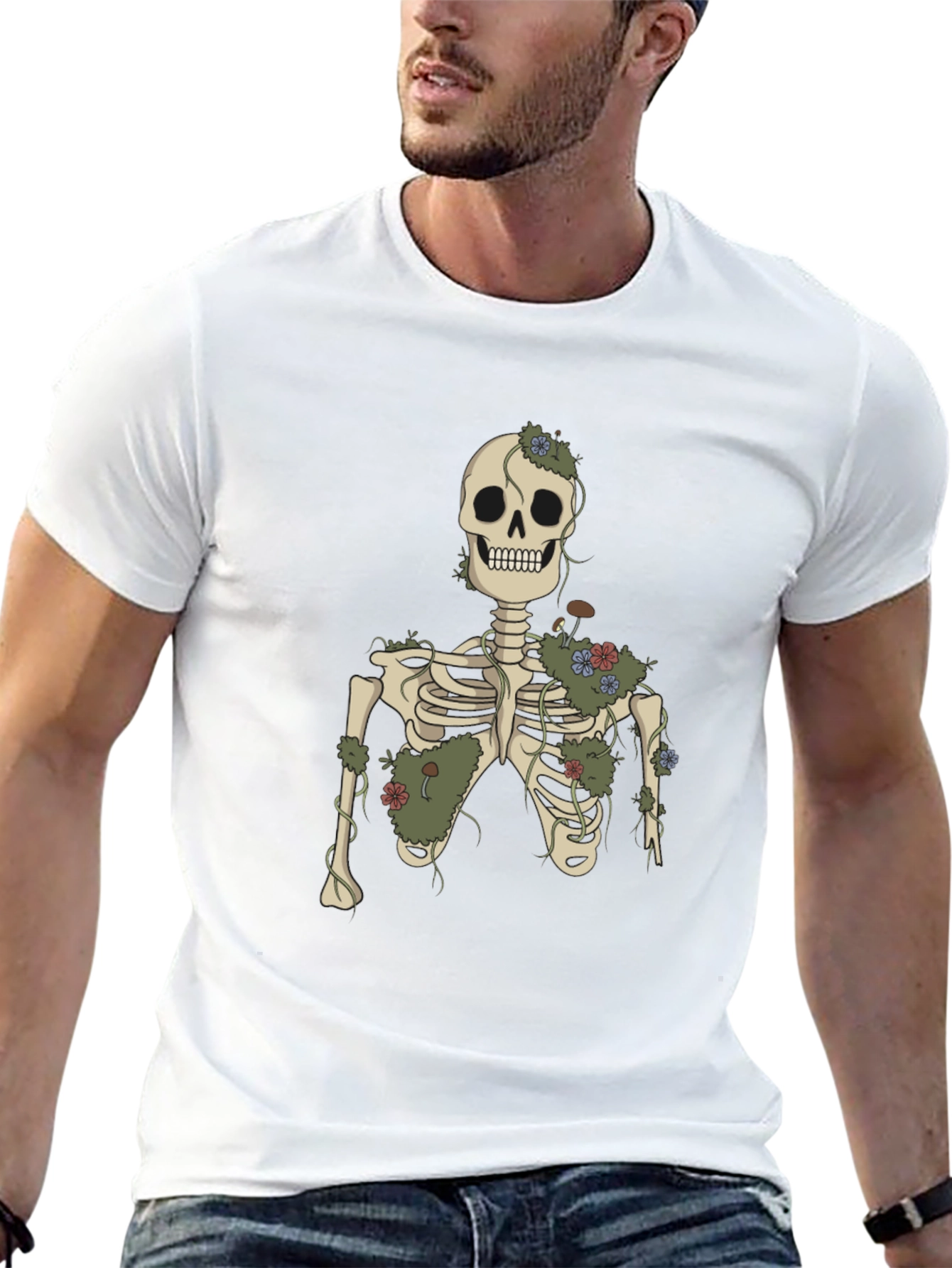 Black Floral Skeleton Graphic Tee - Black Cotton view 13