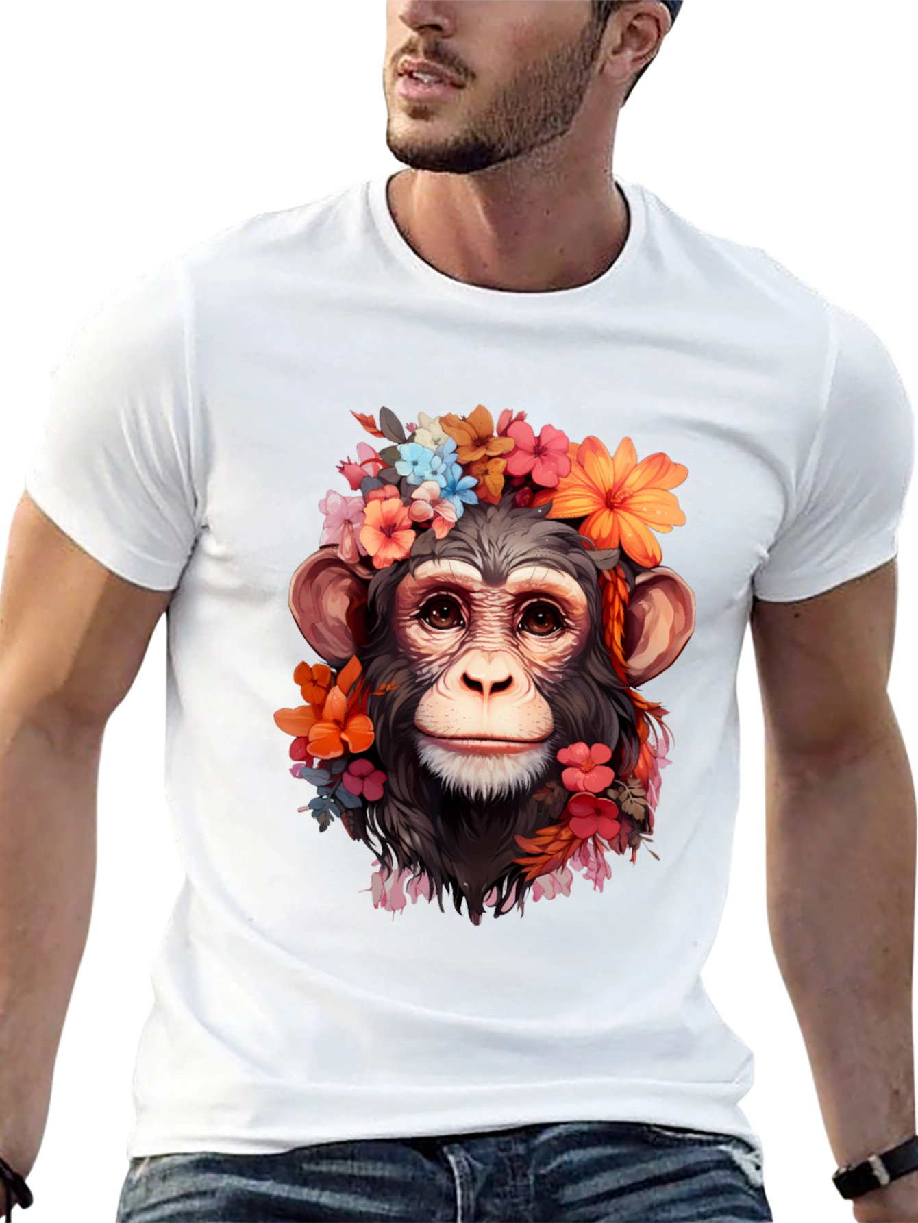 Black Floral Monkey T-Shirt - Unique Graphic Tee view 13