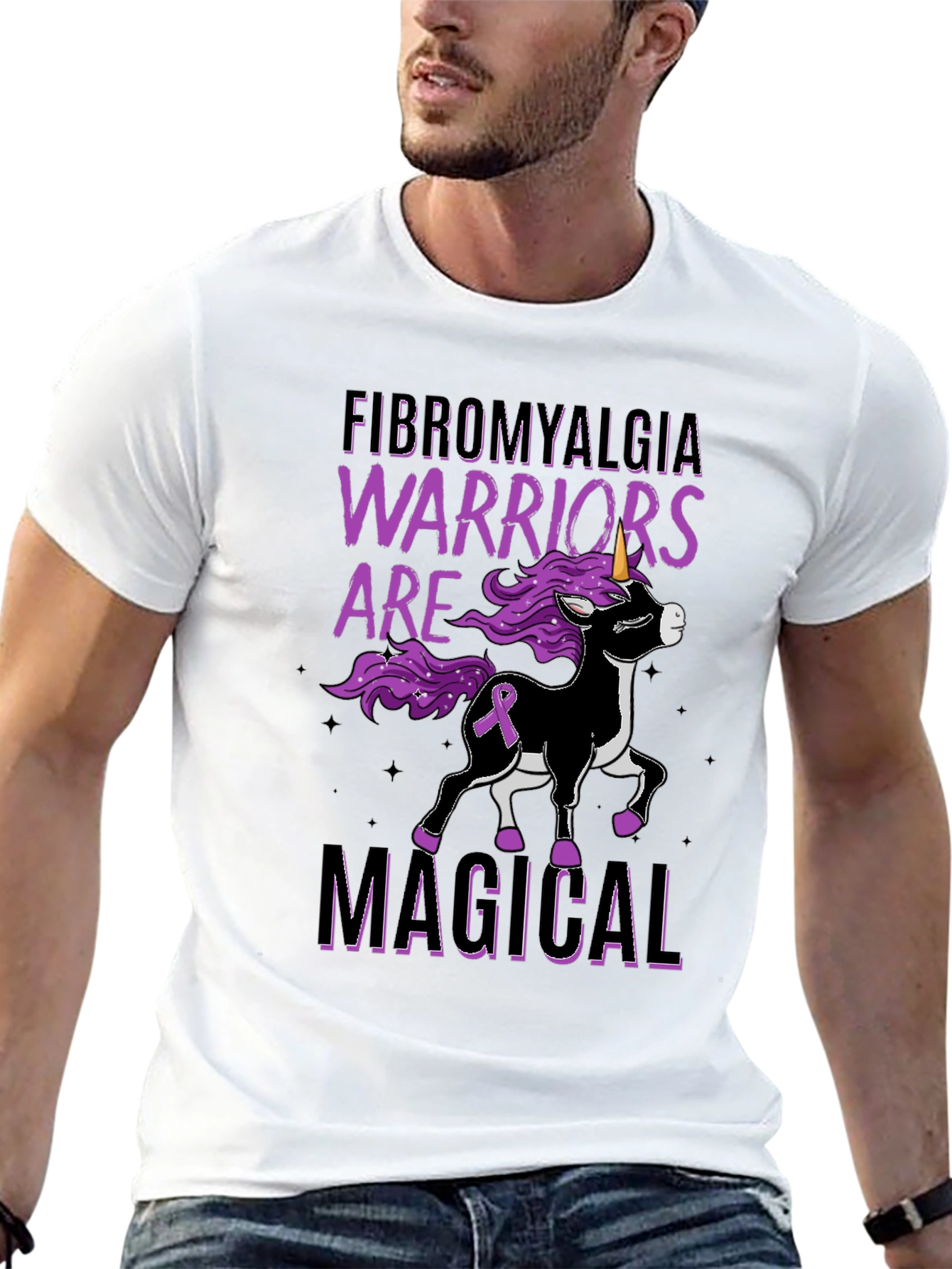 Black Fibromyalgia Warrior Unicorn Black T-Shirt view 13