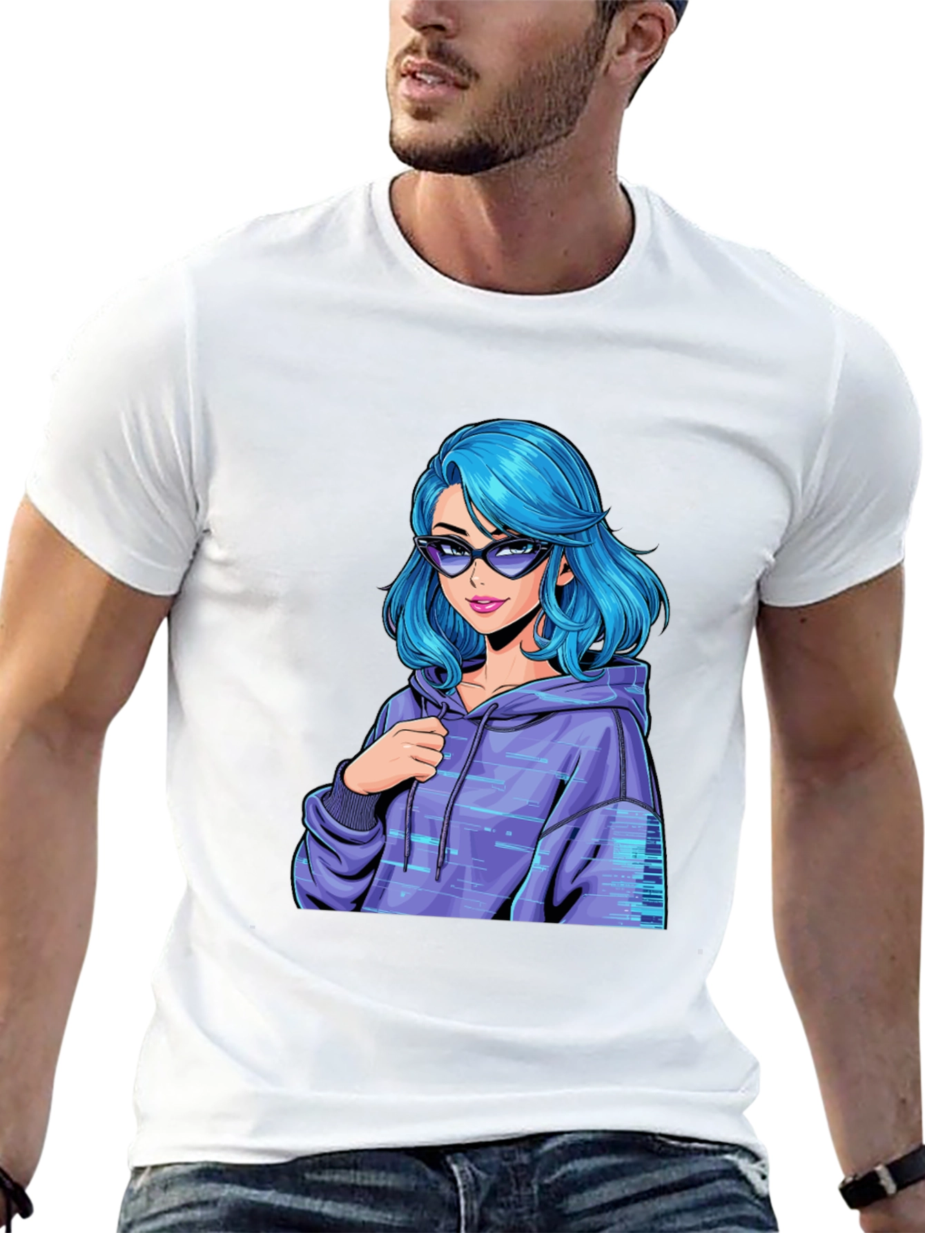 Stylish Black T-Shirt with Blue Anime Girl Design - 13