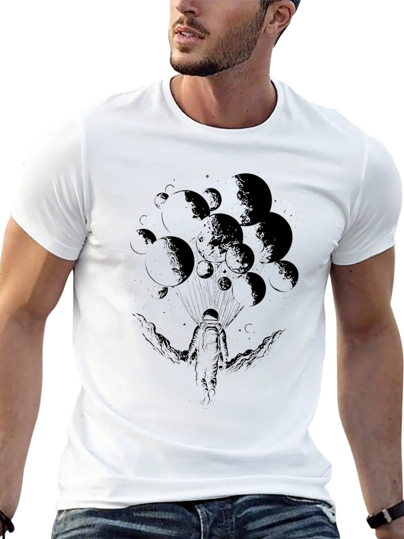 Black Astronaut Moon Graphic Tee - Black Cotton T-Shirt view 13