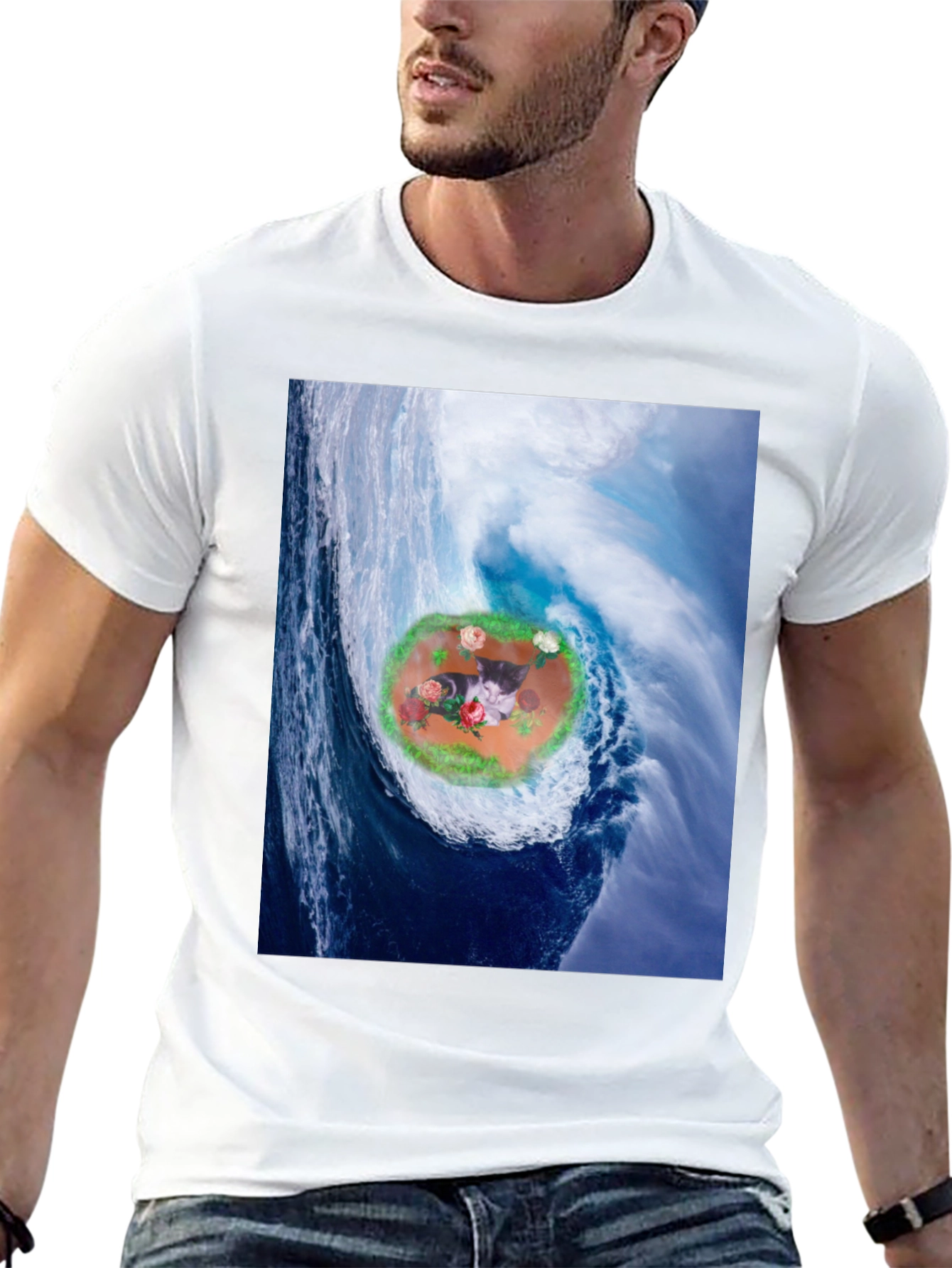 Black Wave Kitty T-Shirt: Black Cotton Blend view 13