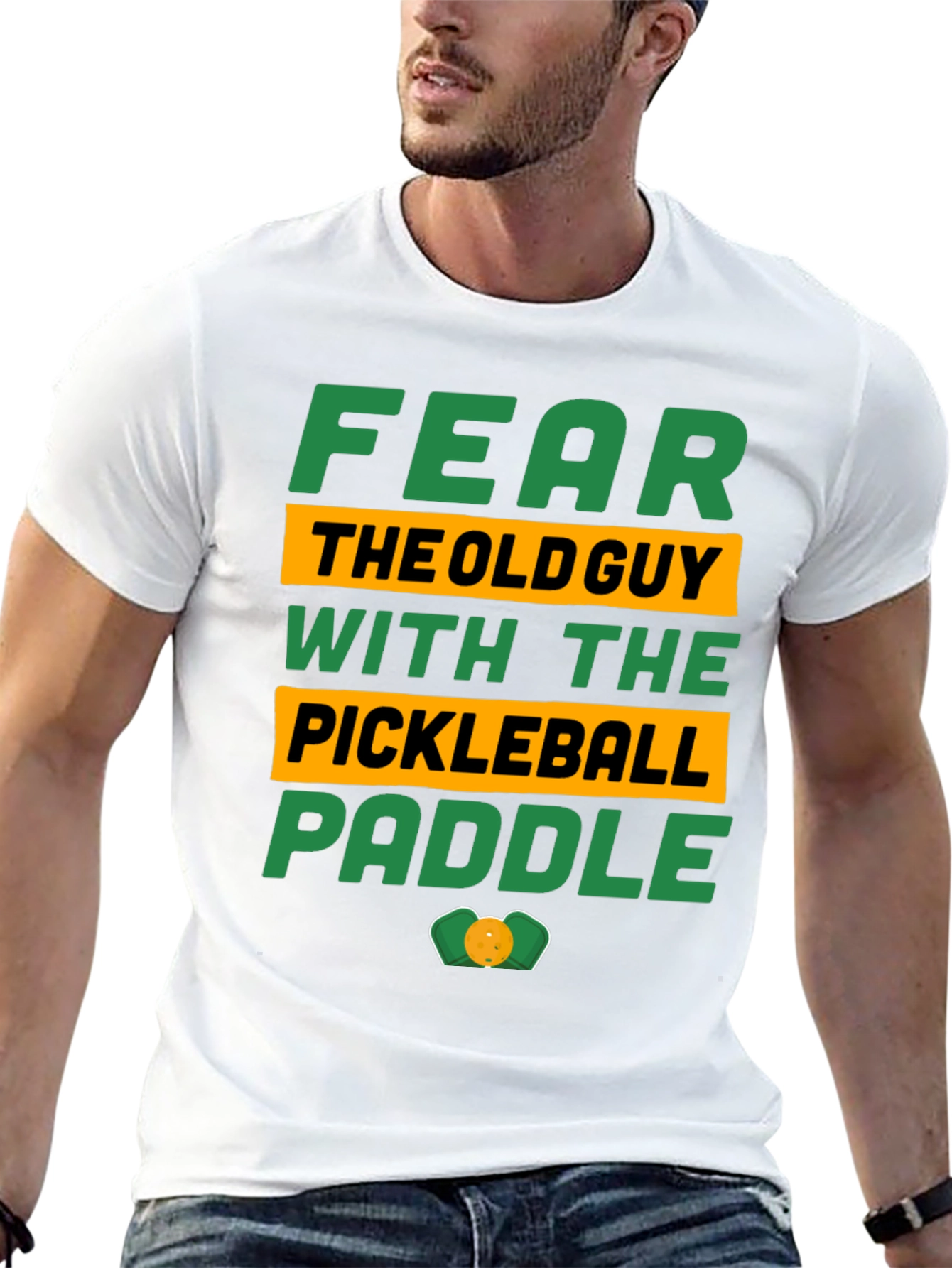 Black Fear the Old Guy Pickleball Paddle T-Shirt view 13