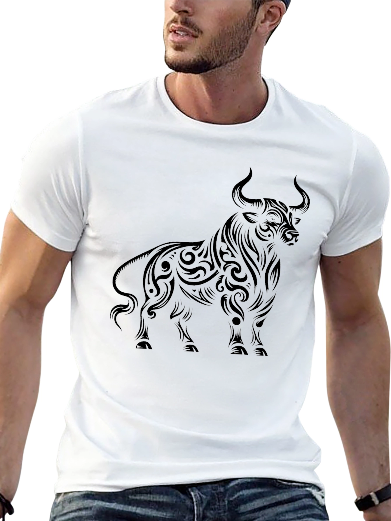 Black Men's Black Bull Graphic Tee - Tribal Art Style view 13