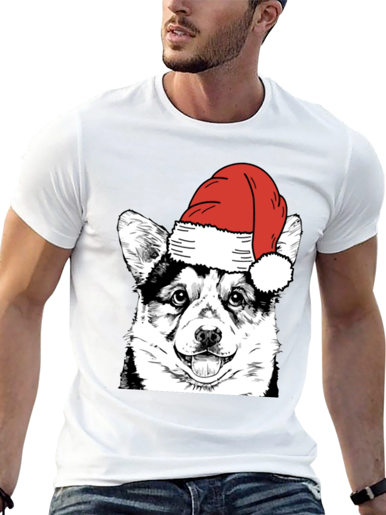 Black Festive Corgi Santa Hat Black T-Shirt view 13