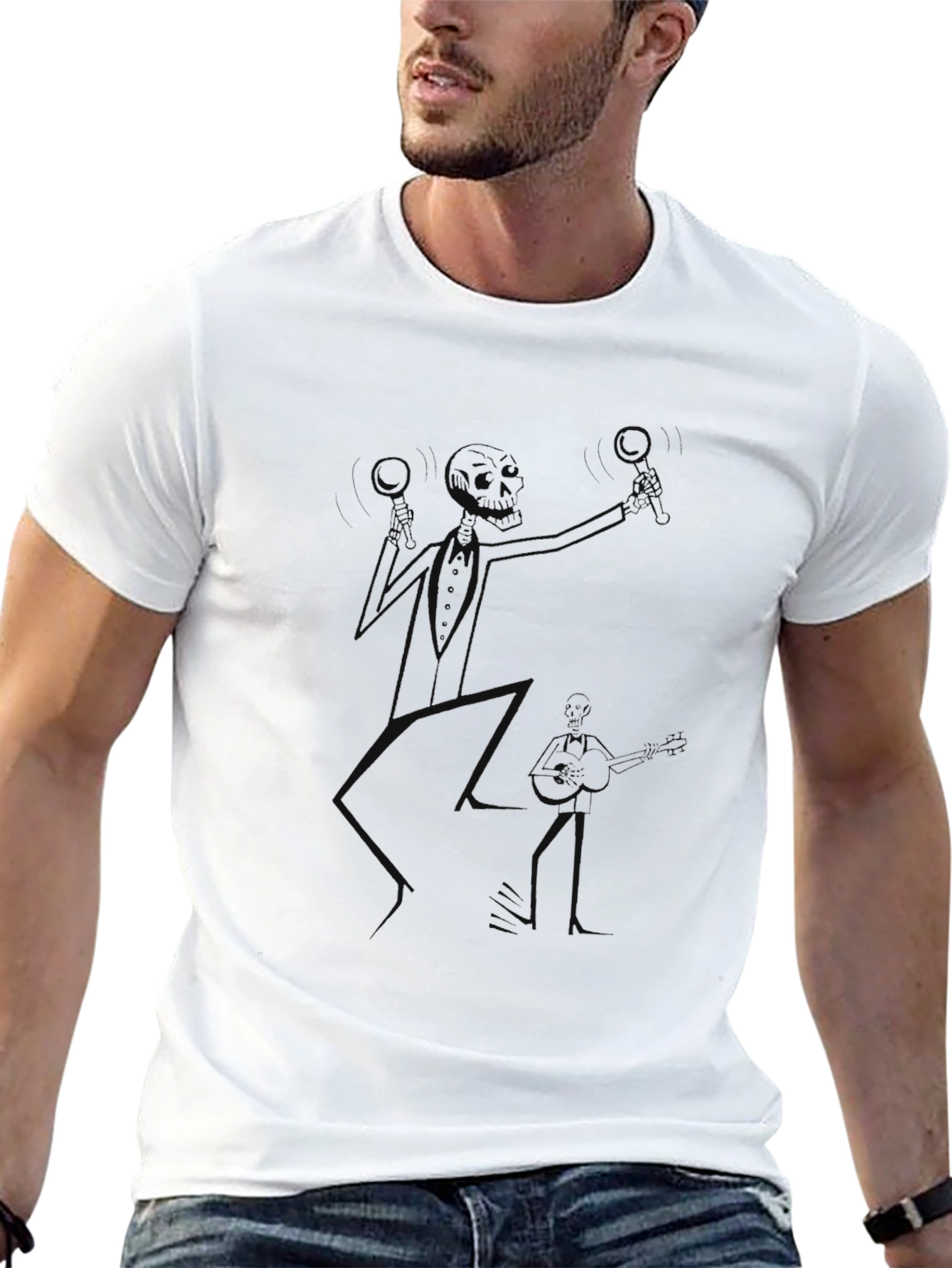 Black Men's Black Graphic Tee - Juggling Skeleton Design view 13