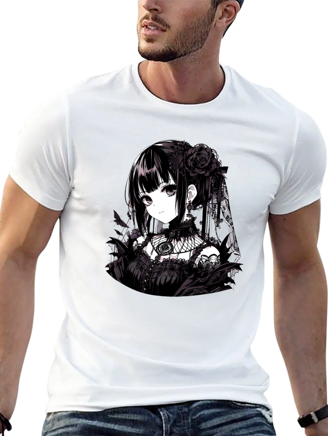 Black Gothic Anime Girl T-Shirt - Black view 13