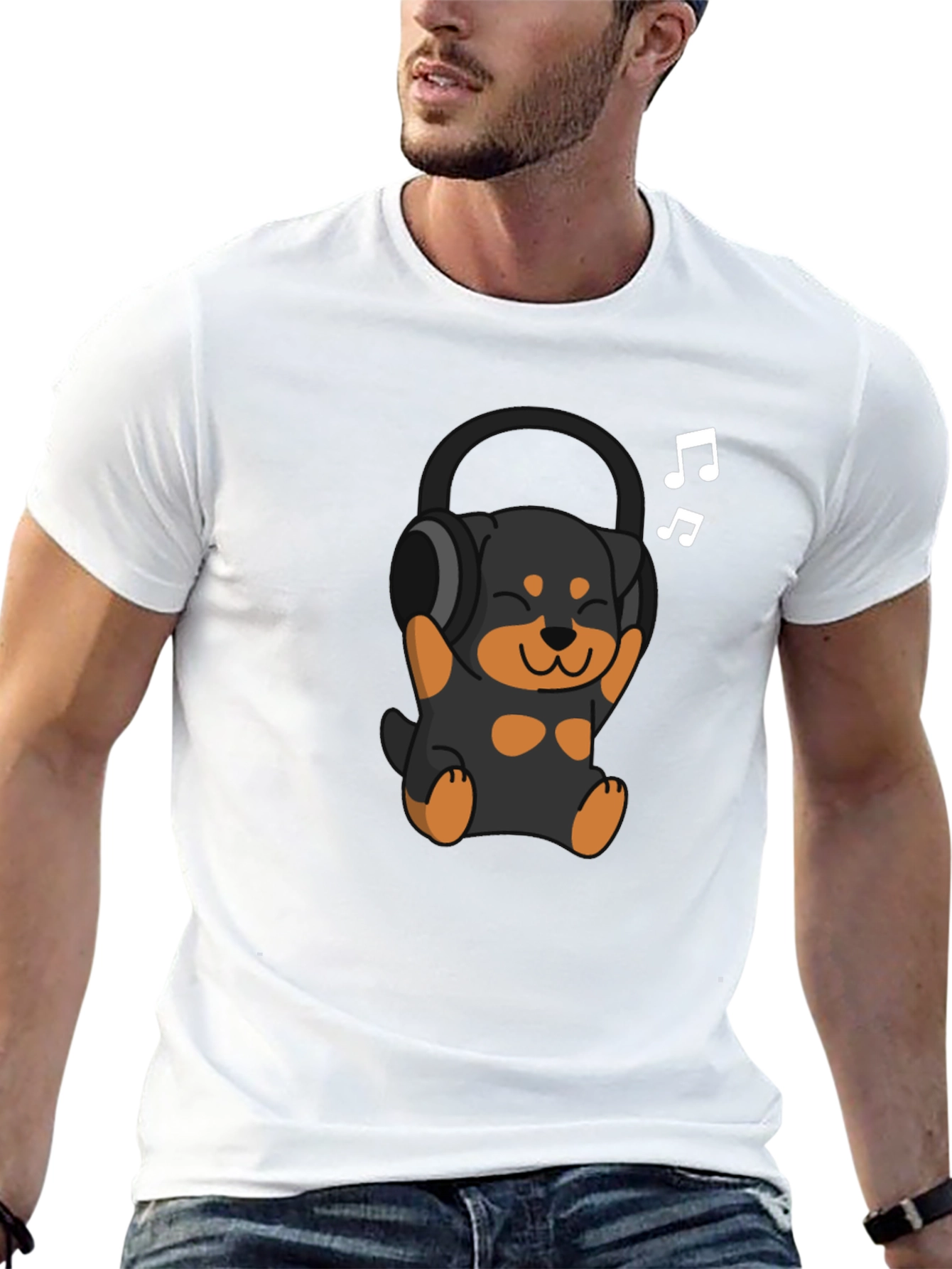 Black Rottweiler Puppy Headphones Black T-Shirt view 13