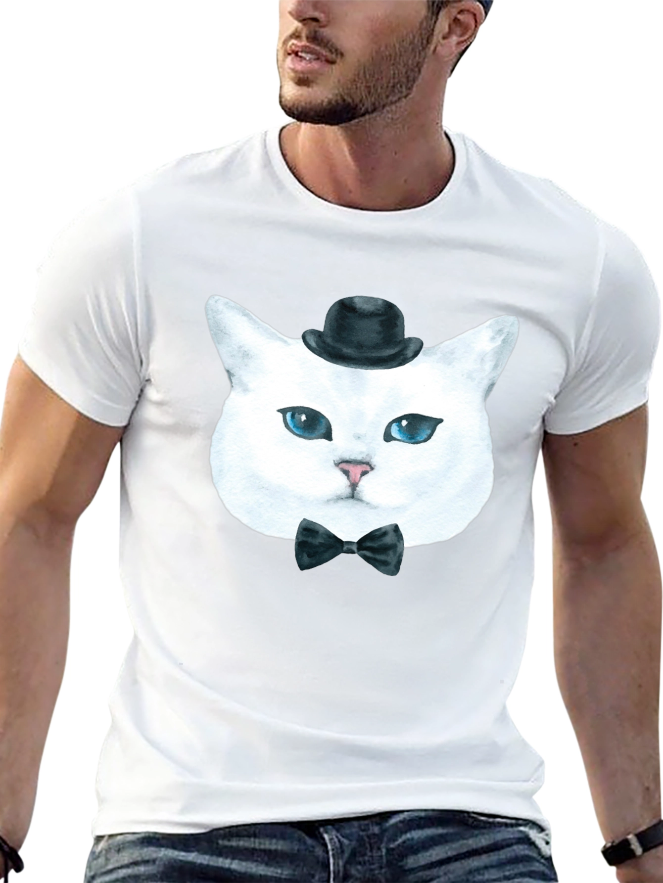 Black Dapper Cat T-Shirt: Classy Feline in Bow Tie & Hat view 13